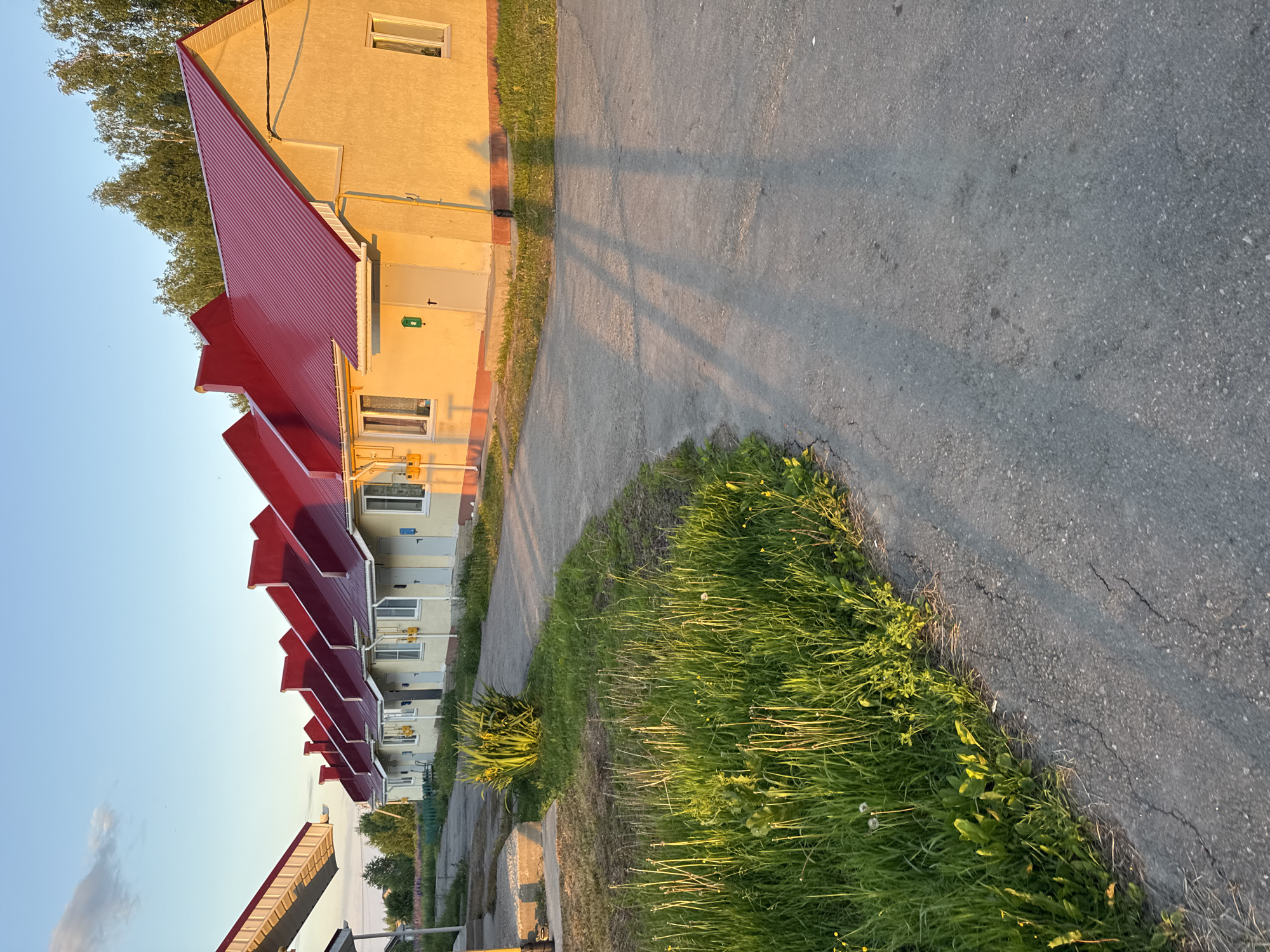 The image shows a row of identical, single-story buildings with bright yellow walls and vibrant red metal roofs. The buildings are positioned in a line, with a paved pathway in front of them. The pathway curves away from the viewer towards the right. On the left side of the pathway, there is an area of overgrown green grass and some bare earth with scattered weeds. The buildings appear to be residential or part of a small complex, possibly in a rural or suburban setting. Sunlight casts long shadows from the buildings and possibly from a structure to the left, indicating it is late afternoon or early evening. The sky is clear with a pale blue hue. The location is identified as Красные Баки, Russia, suggesting this scene is within that area.
