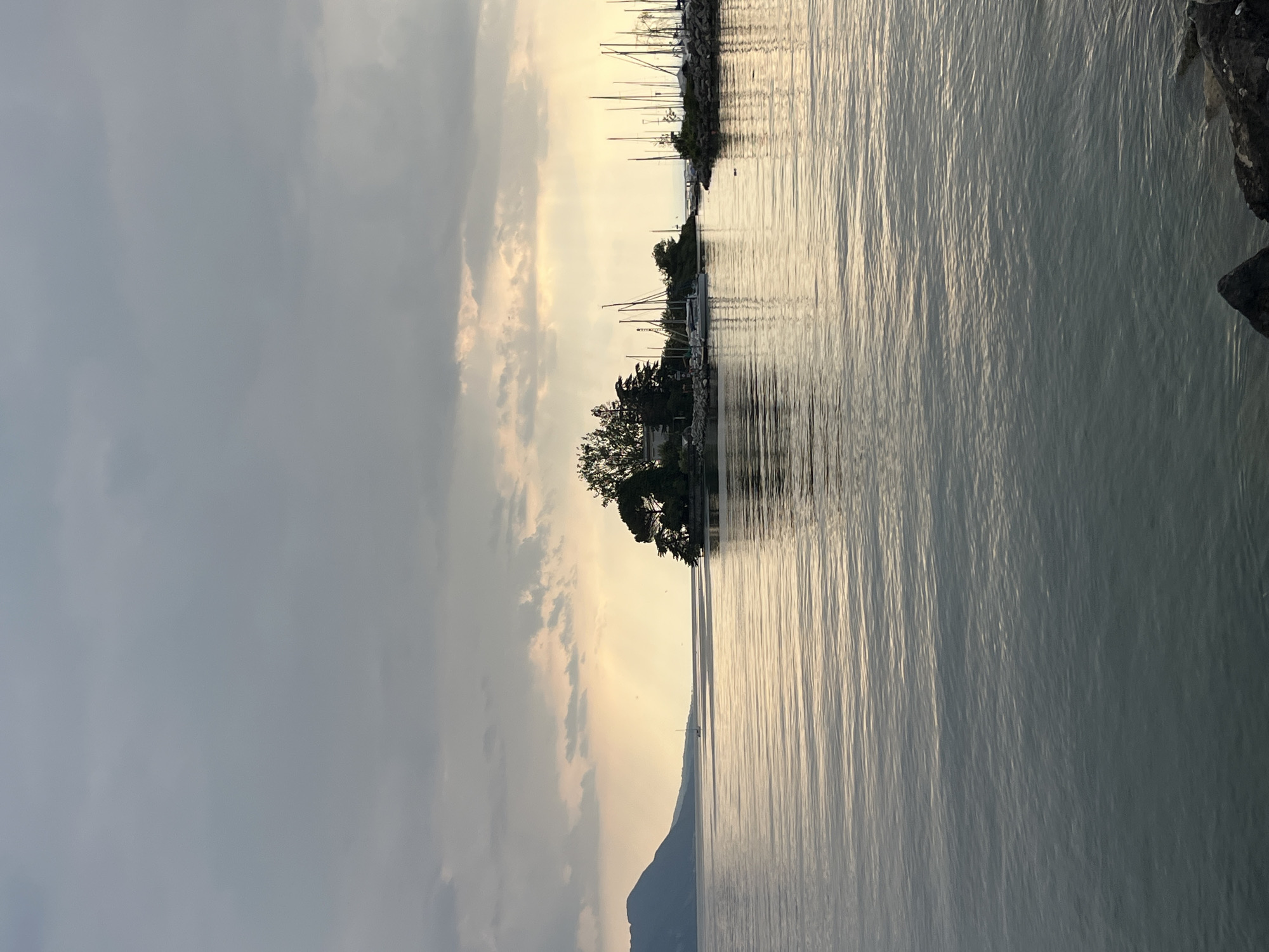 This image captures a serene lake scene in Montreux, Switzerland, likely during late afternoon or early evening given the soft, diffused sunlight. The foreground is dominated by the calm, rippling surface of Lake Geneva, reflecting the muted colors of the sky. The water is a deep, cool blue-grey with gentle waves creating horizontal streaks of light.
In the mid-ground, a small, tree-covered island with a structure on it sits centrally. Beyond this island, a marina is visible on the right, filled with numerous sailboats docked and moored. Their masts create a vertical contrast against the horizontal lines of the water and sky. The shore on the right is rocky, with more trees and buildings partially visible behind the marina.
On the left side of the image, a distant mountain range slopes down towards the lake, its form softened by the atmospheric haze. A lone sailboat is visible on the water in the far distance, adding a sense of scale and tranquility.
The sky above is overcast with dramatic clouds, but patches of golden sunlight break through in the upper center, illuminating the scene and creating a warm glow. The overall atmosphere is one of peacefulness and natural beauty, characteristic of the Swiss Riviera. There are no people visible in the image.