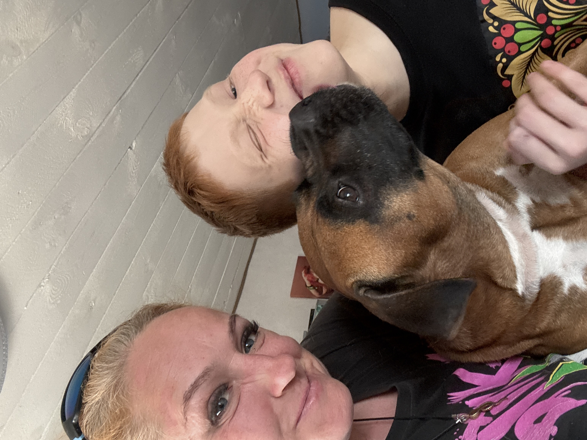This vertically oriented image, rotated 90 degrees counter-clockwise, captures a heartwarming indoor moment between a woman, a child, and a dog.
In the bottom left foreground, an adult woman with light hair and blue eyes is visible, smiling gently towards the camera. She wears sunglasses pushed up on her head and a dark top with a vibrant pink and purple floral pattern partially visible. To her upper right, a child with reddish-brown hair and freckles is featured, making a playful, squinting face with eyes partially closed. The child wears a black t-shirt with a distinctive, colorful folk-art design on the shoulder, showcasing red berries, green leaves, and gold accents, reminiscent of traditional Russian decorative art styles.
Between the woman and child, a medium-sized dog, possibly a Boxer, is affectionately interacting. The dog, with a brown coat and white markings on its chest and snout, has its head turned towards the child's face, appearing to nuzzle or lick them. The dog's gentle eye is visible, looking towards the child.
The background is a light-colored, possibly white or off-white, wooden plank wall, with the planks running diagonally due to the image's rotation. The scene conveys a strong sense of joy, affection, and playfulness within a casual home setting. There is no visible text. The folk-art pattern on the child's shirt serves as a cultural detail that could connect to the provided location context of Chaikovsky, Russia.