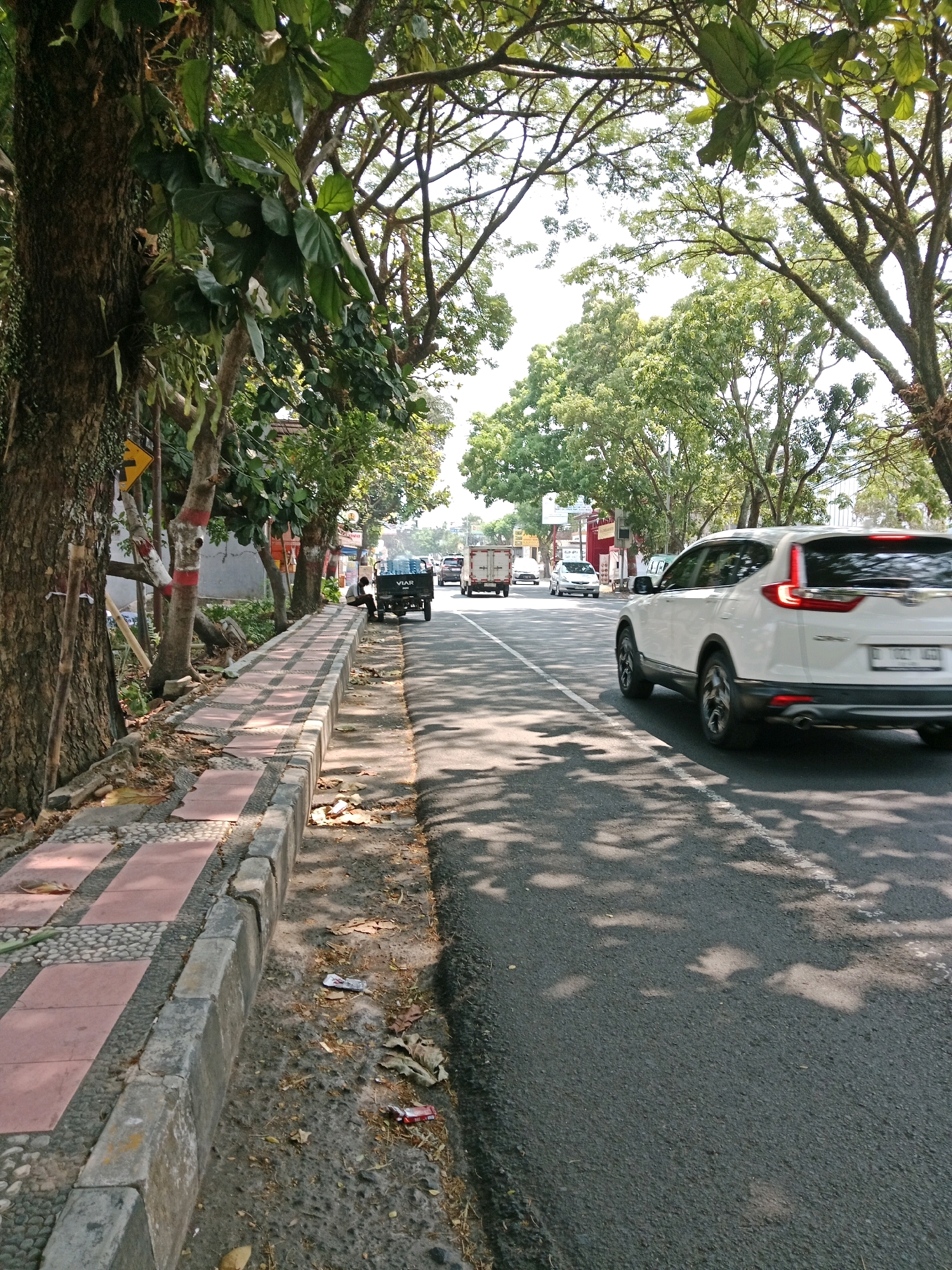 In the city of Karangtengah, Indonesia, on a sunny day, a white SUV is captured in motion on an asphalt road, its rear slightly angled towards the viewer. The SUV is white with tinted windows and black wheels. A person is seated in the driver's seat. To the left of the road, a sidewalk is visible, constructed with a pattern of red square tiles and small grey pebbles. The sidewalk is bordered by a concrete curb and is partially shaded by the canopy of mature trees that line the street. Fallen leaves and some debris are scattered on the ground near the curb. Further down the road, other vehicles are present, including a black pickup truck with a person sitting in it and a white box truck. The overall scene suggests a typical urban streetscape in Indonesia, characterized by lush tree cover and active road traffic.