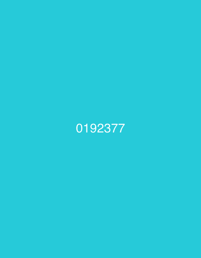 The image displays a plain, vibrant teal-colored background. Centered horizontally and vertically on this solid color field is the white numerical text "0192377". There are no discernible subjects such as people or objects, nor is there any specific activity or event taking place. The image lacks any visual cues for time of day, weather, or a particular location. It is a minimalist composition focusing solely on a numerical sequence against a brightly colored backdrop.
