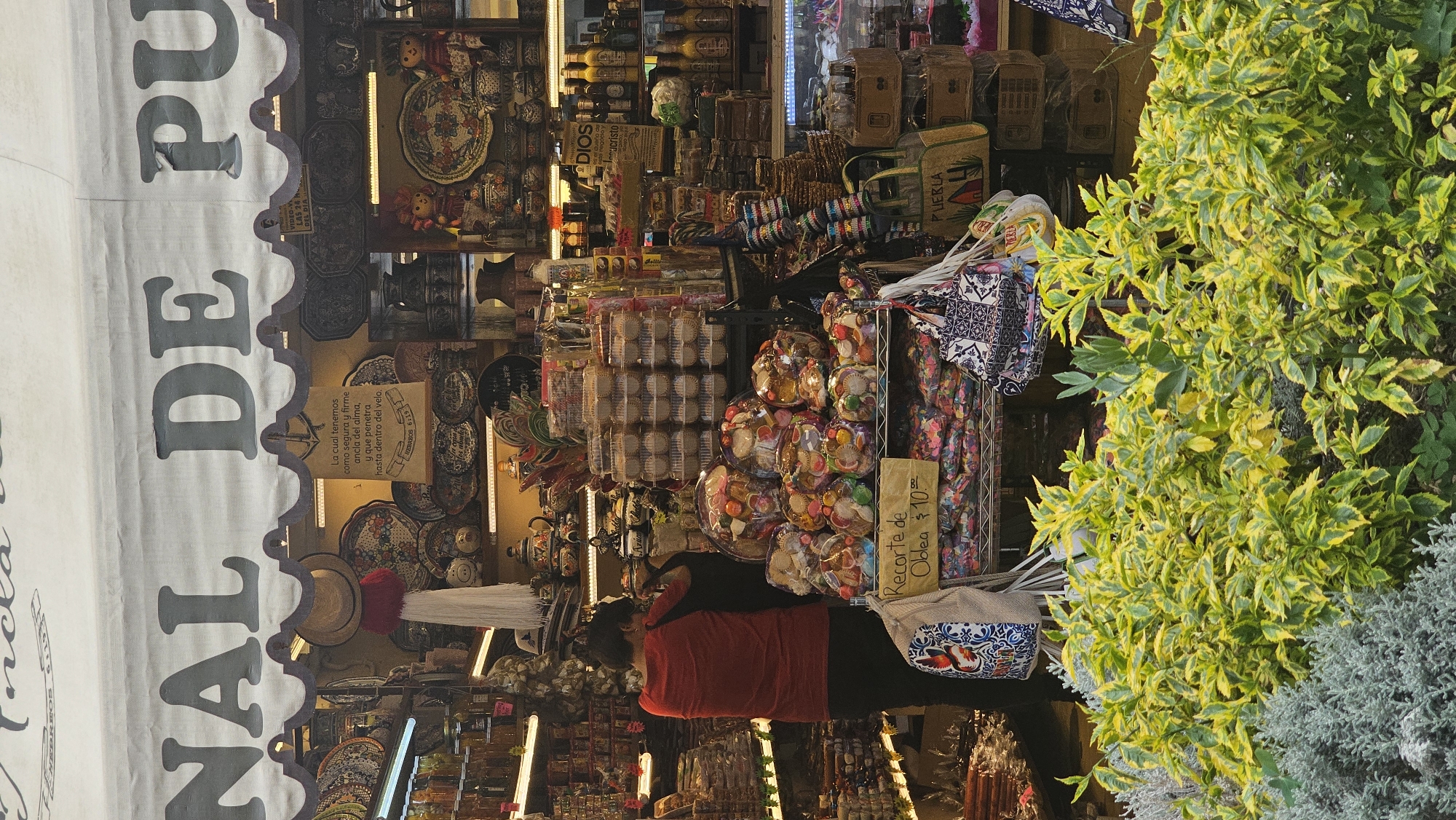 This image captures a vibrant street scene in Puebla, Mexico, showcasing a local shop or market stall filled with traditional goods. The setting appears to be outdoors, with lush green and yellow variegated foliage from a bush occupying the right side of the frame.
In the foreground, a white fabric awning with a scalloped dark border bears partial text, including "NAL DE PU" and "DE," hinting at the shop's name. Below the awning, the shop is a colorful display of merchandise. A person wearing a red shirt and dark pants is visible, standing amidst the goods and appearing to engage with them, perhaps as a vendor or customer.
The shop's interior and display areas are densely packed with various items. Notable objects include numerous decorative plates, some featuring intricate patterns possibly indicative of Talavera pottery, hanging on the walls. Other pottery pieces like teapots and bowls are also visible. Shelves are stocked with bottles, likely containing sauces or artisanal beverages. In the mid-ground, clear stacked containers hold individual portions of sweets or crafts, alongside colorful packages of candies. A prominent handwritten sign on cardboard advertises "Recorte de Oblea $10." (wafer scraps for $10). Various woven bags and patterned cloth bags, some emblazoned with "PUEBLA," are also on display, confirming the location context.
Other visible text includes a sign with a religious quote: "La cual tenemos como segura y firme ancla del alma, y que penetra hasta dentro del velo. HEBREOS 6:19," suggesting a personal or cultural touch from the proprietor. Smaller signs read "VIDEO-V LAS 24 DEL DIA" and "ADIOS."
The scene is well-lit, suggesting daytime, possibly late afternoon, with a mix of natural light illuminating the foliage and artificial lighting brightening the shop's interior. The overall impression is one of a bustling, culturally rich commercial environment.