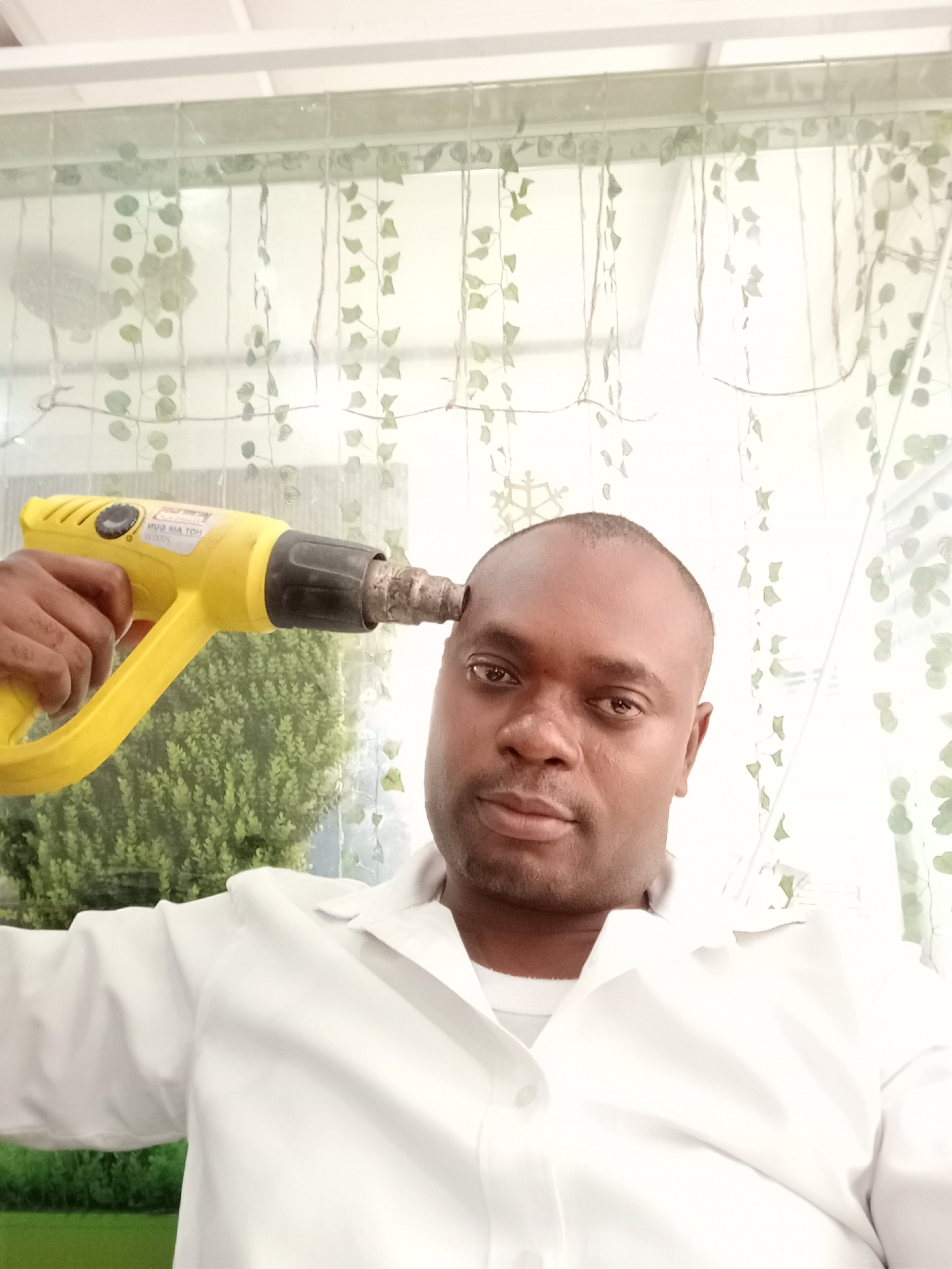 A man with a closely shaved head and dark complexion poses for a photo, holding a yellow and black heat gun with its metallic nozzle pressed against his right temple. He looks directly at the camera with a neutral expression. He is wearing a white collared shirt over a white undershirt. The heat gun, held in his right hand, has mirrored text visible on its side, including "HOT AIR GUN," "WOODS," and "5000W," indicating its type and power.
The background reveals a bright, airy indoor setting with a large glass window or partition. Through the glass, lush green foliage, likely dense bushes or trees, is visible. Inside, decorative strands of artificial green vines with small leaves hang vertically, possibly from a ceiling fixture or curtain rod. The overall lighting is very bright, suggesting it is daytime. The man's pose, juxtaposing a common tool in an unconventional manner, creates a visually striking, possibly playful, scene. The image is set in Gwarinpa, Nigeria.