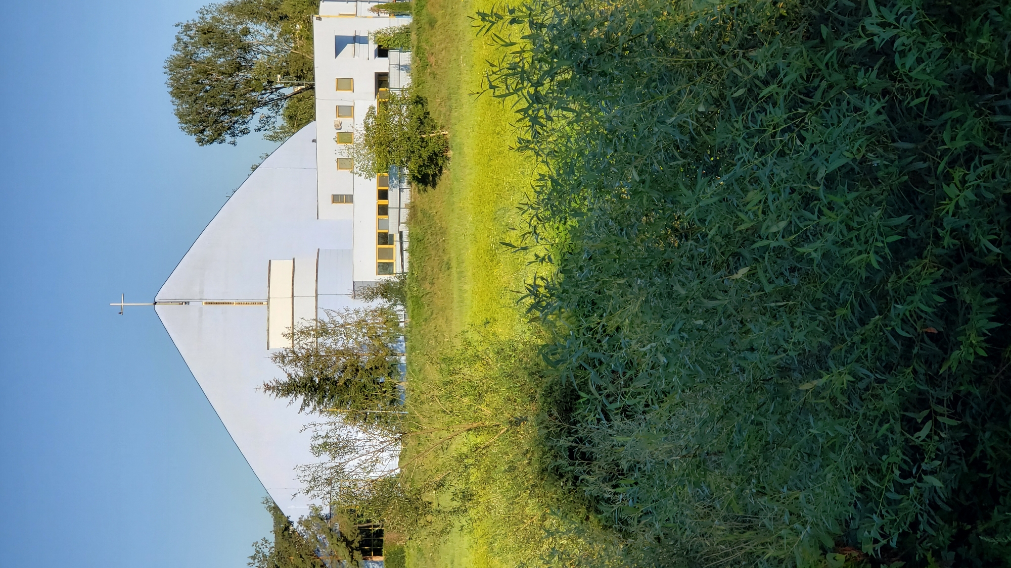 The image depicts a modern church building with a distinctive light blue, triangular facade topped by a cross. Adjacent to the main structure is a lower, white building with several yellow-framed windows. The church is situated on a grassy embankment, with a bright green field in the foreground that appears to be an open meadow. Dense green foliage, including bushes and small trees, dominates the immediate foreground, obscuring the lower portion of the embankment. In the background, several trees, including evergreens and deciduous varieties, are visible. The sky above is a clear, light blue, suggesting fair weather. The overall scene is one of a contemporary religious building nestled within a natural, rural or semi-rural environment. This building is identified as the Church of the Holy Trinity, located on Moyšova Street in Prešov, Slovakia.