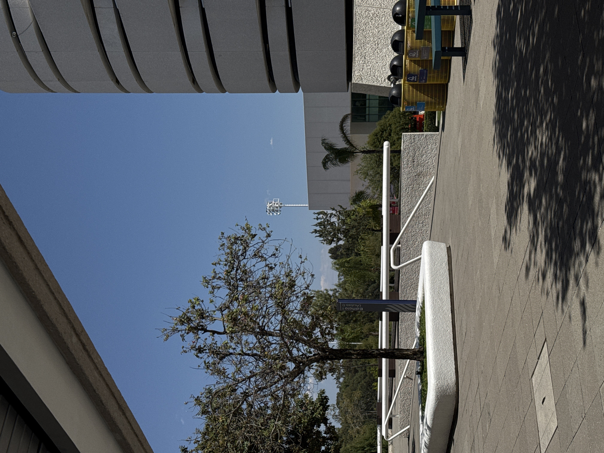 The image depicts an outdoor architectural scene, likely a plaza or walkway between modern buildings, under a clear blue sky. The perspective is taken from ground level, looking upwards and across the scene.
On the left, a large, light-grey building features distinctive curved, horizontal architectural elements. Another building on the right has a textured, light-colored facade with some visible windows and is partially obscured by trees.
The foreground and midground feature a paved pathway made of grey rectangular tiles. A central element is a mature tree with green and some sparse foliage, rooted within a light-colored, curved planter or bench structure. To the far right, sharp, dark shadows of unseen trees are cast across the paved ground, indicating bright sunshine.
Along the right side of the pathway, several yellow cylindrical bins with black domed tops are visible. These appear to be recycling or waste receptacles, with small pictograms and partially legible text on their fronts (e.g., "RECICL..."). White railings run along the pathway, suggesting a slight elevation change or barrier.
In the background, beyond the main tree and buildings, there are more trees and a tall white structure, possibly a light pole or cellular tower, reaching into the sky.
A dark blue sign with white text is prominently positioned near the central tree. The text reads, "Edificio 1 (AULAS I)", which translates to "Building 1 (CLASSROOMS I)".
The scene is devoid of people or any discernible activity. The clear sky, bright lighting, and distinct shadows suggest it is daytime, likely mid-morning or afternoon on a sunny day in a warm climate. The architecture and landscaping suggest a university campus or a modern commercial/public space in Heroica Puebla de Zaragoza, Mexico.