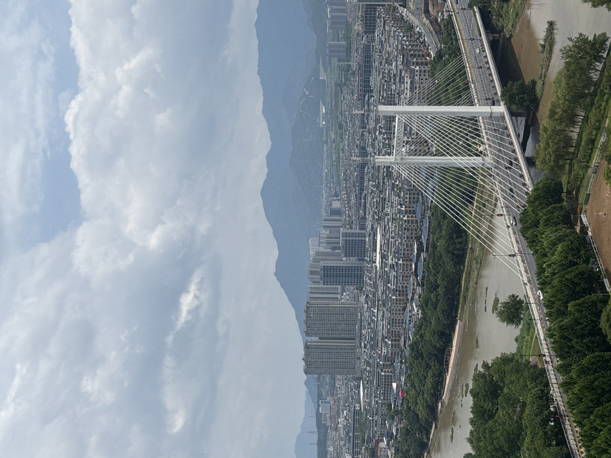 The image captures a panoramic view of Yiwu, China, dominated by a modern cable-stayed bridge spanning a river. The bridge, with its white towers and numerous suspension cables, carries traffic, including cars and what appear to be motorcycles. On the far bank of the river, a dense urban landscape unfolds, characterized by rows of apartment buildings and taller high-rise structures, including two prominent, identical tall buildings in the mid-ground. Beyond the city, a range of rolling, verdant mountains forms the horizon under a cloudy sky. The foreground features a lush green riverbank with a line of trees, and to the right, a portion of a sports field or paddock. The overall impression is of a dynamic city nestled within a natural, mountainous landscape.