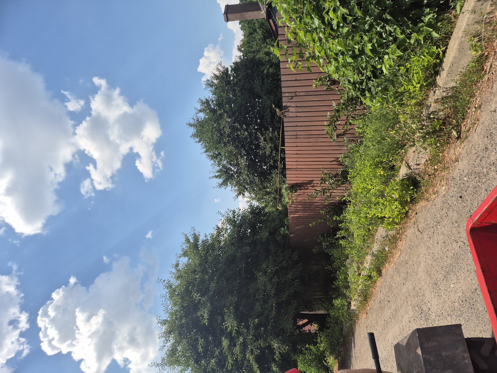 The image depicts a view of a rural area in Sozonivka, Ukraine, on a bright, sunny day. The foreground shows a gravel path with a concrete curb on the right side. A portion of a red trailer and a dark-colored block are visible in the lower left corner, suggesting some sort of machinery or equipment. Beyond the path, a brown wooden fence runs horizontally across the scene, separating the path from a dense line of green trees and bushes. Two large trees with dark green foliage dominate the middle ground. In the background, more trees are visible, and to the right, a brick chimney emerges from a building, partially obscured by greenery. The sky is a vibrant blue, dotted with fluffy white cumulus clouds, and sunbeams are visible radiating through the clouds. The overall impression is one of a peaceful, outdoor setting with natural elements and man-made structures.