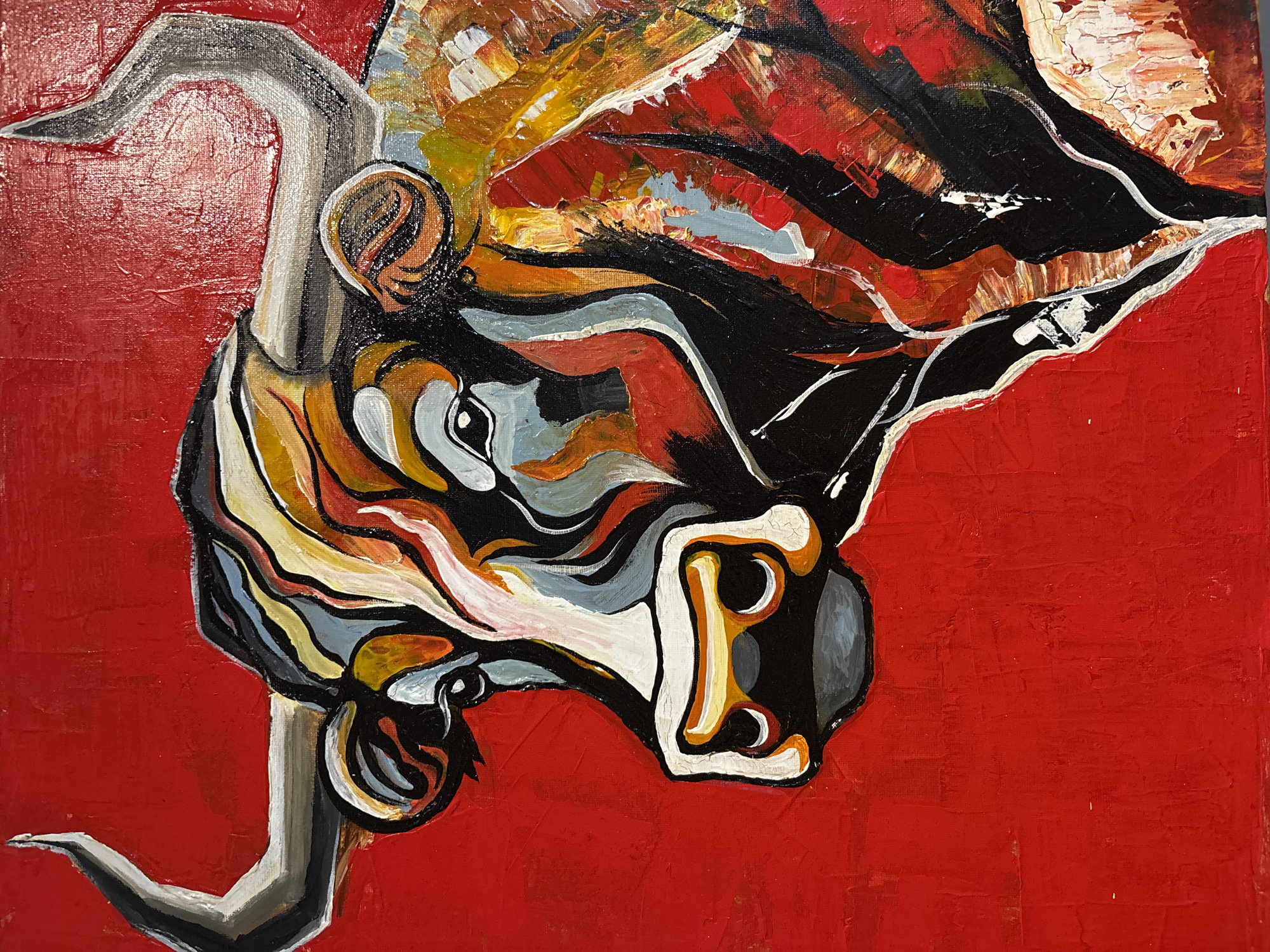 The image is a close-up, abstract painting of a bull's head. The bull is positioned horizontally, with its horns extending to the left and right edges of the frame. The background is a solid, bright red color. The bull's head is composed of various colors including white, black, gray, yellow, and orange. The painting style is expressive with visible brushstrokes. The location and city are unknown.