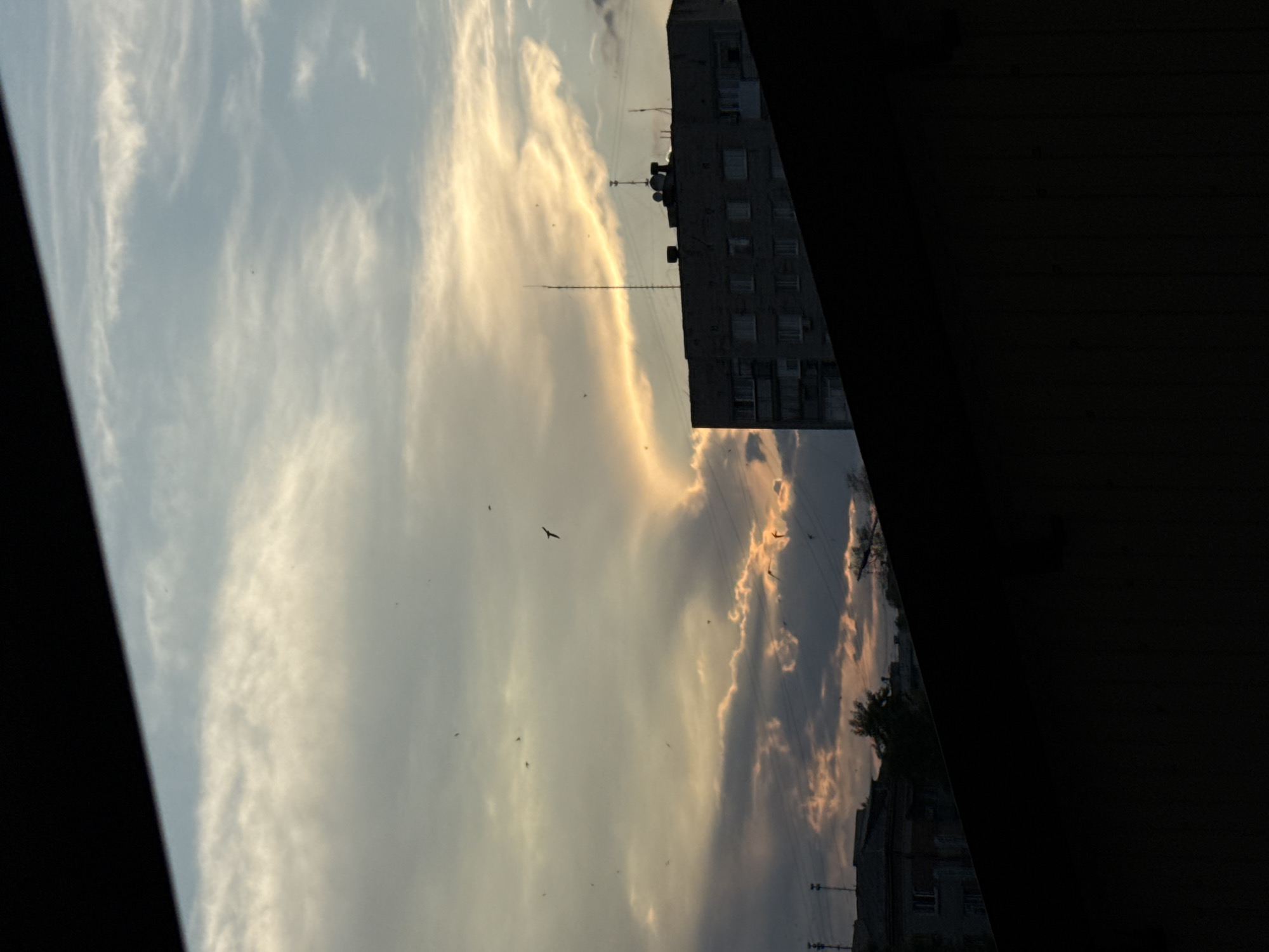A low-angle, wide shot captures a view of buildings and a sunset sky over Luhansk, Ukraine. The foreground is dominated by a dark, triangular shape, likely a portion of a building or structure, obscuring the bottom of the frame. In the middle ground, a multi-story apartment building is silhouetted against the sky, its windows appearing as dark rectangles. Several antennas and satellite dishes are visible on its roof. To the left, another building is partially visible, with a darker facade. The sky above is a dramatic display of clouds and sunset colors, with streaks of orange and yellow light illuminating the edges of darker clouds. Several small, dark specks, possibly birds, are scattered throughout the sky. The overall impression is one of an urban landscape under a dynamic sky at dusk.