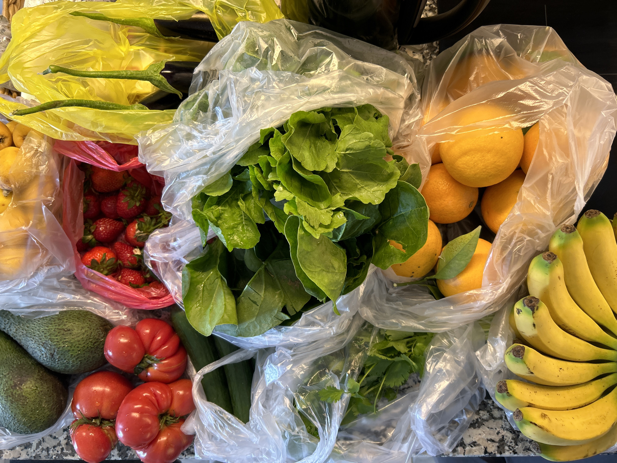 An overhead shot displays a colorful array of fresh fruits and vegetables, many still contained within various plastic bags, laid out on a speckled grey countertop. The scene suggests a recent grocery shopping trip, possibly in Alanya, Turkey, given the context.
In the upper left, a yellow plastic bag holds dark purple eggplants and long, slender green peppers. Below this, another clear bag contains yellowish fruits, possibly small mangoes or loquats, adjacent to a red plastic bag brimming with bright red strawberries.
Central to the image is a large clear plastic bag filled with vibrant green leafy vegetables, resembling spinach or arugula. To its right, a similar clear bag holds several bright yellow citrus fruits, which appear to be lemons or oranges, with a few still bearing small green leaves. A large bunch of yellow and slightly green bananas is visible on the far right edge of the frame.
The bottom left features two large, textured green avocados. Next to them are several large, irregularly shaped red tomatoes, possibly an heirloom variety, with prominent ridges. Long, dark green vegetables, likely cucumbers, are nestled among the tomatoes and the central greens. Another clear plastic bag in the bottom center-right contains fresh green herbs, such as cilantro or parsley.
The produce appears fresh and well-hydrated. The lighting is bright, suggesting daytime. There is some partially visible and illegible text on the yellow bag in the upper left corner. The overall impression is one of abundance and healthy, freshly acquired groceries.
