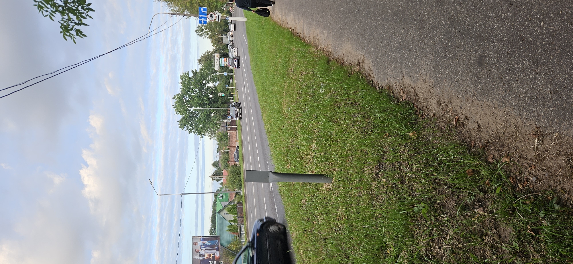 The image shows a street scene in Vitebsk, Belarus. In the foreground, a paved sidewalk runs along the right side of the frame. To the left of the sidewalk is a grassy verge with a metal pole embedded in it. Beyond the verge is a multi-lane road with several cars driving on it. In the middle ground, there are buildings and trees. On the left side of the road, a billboard advertising a product with two children is visible. Further down the road, there are houses with green roofs and a large tree. Traffic signs, including a directional sign with arrows and a circular sign with a horizontal bar, are present on the right side of the road. In the background, there are more trees and the sky is partly cloudy. A person is walking on the sidewalk, carrying a black bag. The overall scene depicts an urban or suburban street with moderate traffic and residential or commercial buildings.