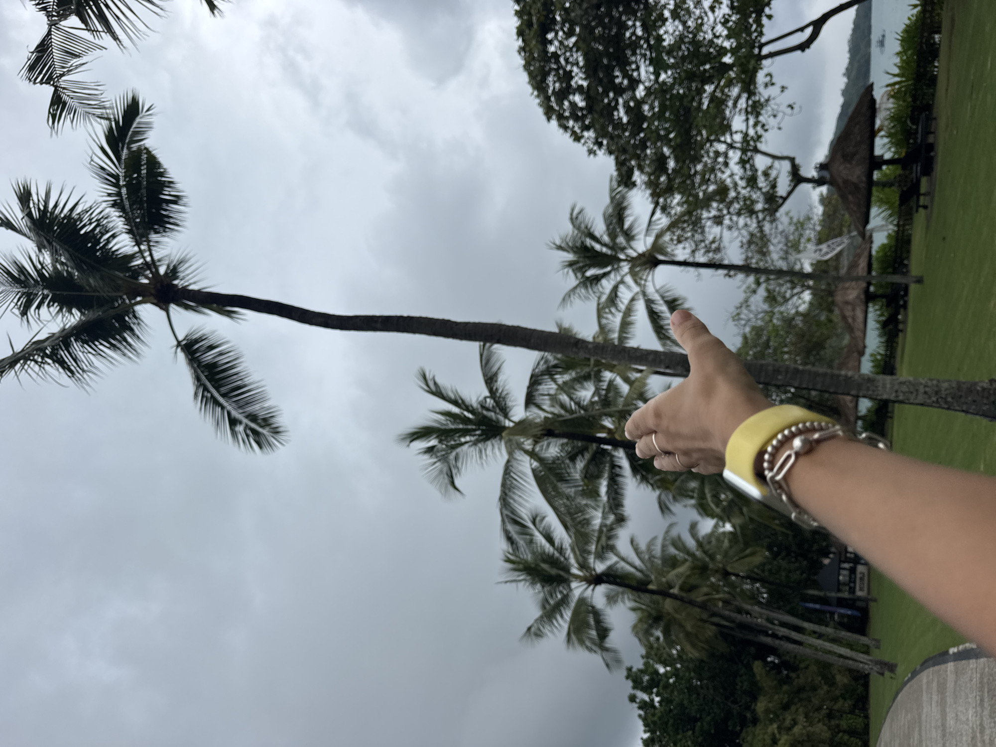 A first-person perspective photograph shows a human arm and hand reaching into a tropical landscape under an overcast sky. The image is oriented in portrait style. In the foreground, a light-skinned arm with a yellow smartwatch band, multiple silver bracelets (beaded and chain-link), and two silver rings (on the index and ring finger) extends towards the left side of the frame.
The mid-ground and background are dominated by tall palm trees with dense green fronds, some appearing closer and others further away. Behind these, additional lush green trees with denser foliage are visible. The sky is a uniform light grey, indicating an overcast day. In the far background, a tranquil body of water, likely a bay or ocean, meets a distant landmass on the horizon. Several traditional-looking structures with pointed straw roofs are scattered in the mid-distance, near the water's edge, suggesting resort amenities or beachfront huts. A patch of vibrant green grass is visible in the lower right portion of the scene. The overall impression is one of a tropical coastal setting, consistent with Kuta Selatan, Indonesia.
No legible text is visible in the image.