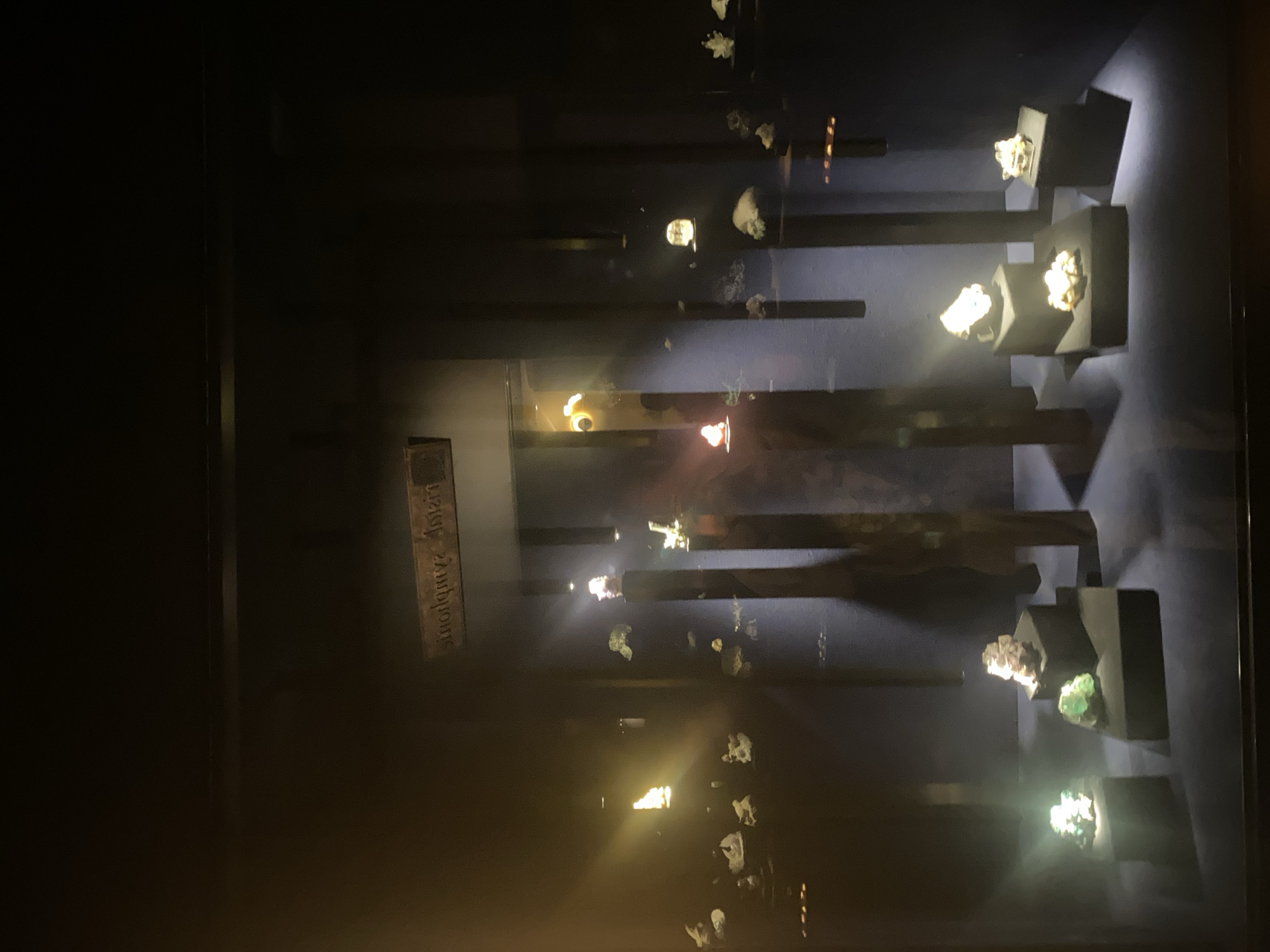 The image shows a display case of minerals, likely in a museum. The display features a series of dark, rectangular shelves holding various mineral specimens, illuminated by spotlights. The specimens appear to be crystals and mineral formations with a range of colors, including white, gold, and green. A plaque is visible with the inscription "Grenoble Alpes Metropole". The overall environment is dark, emphasizing the illuminated minerals.