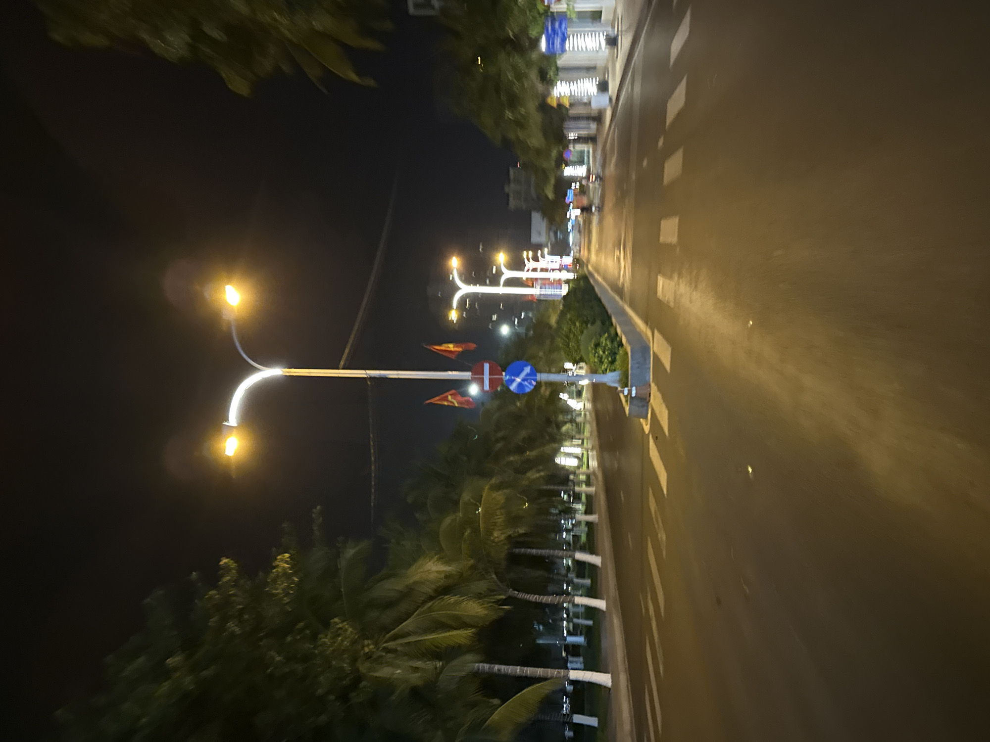 A night-time, eye-level, wide-angle shot captures a deserted road in Nha Trang, Vietnam, illuminated by streetlights. The asphalt surface of the road is wet and reflective, with white pedestrian crossing lines marking its expanse. Palm trees with white-painted trunks line the left side of the road, their fronds casting shadows. On the right side, a row of modern streetlights with vertical white light strips are visible, interspersed with trees. Traffic signs, including a red and blue circular sign and a directional sign, are mounted on a pole near the center of the image. The sky is dark and clear. In the distance, a few vehicles, including motorcycles, are present on the road, their headlights and taillights creating streaks of light. The overall scene suggests a quiet and orderly urban environment at night.