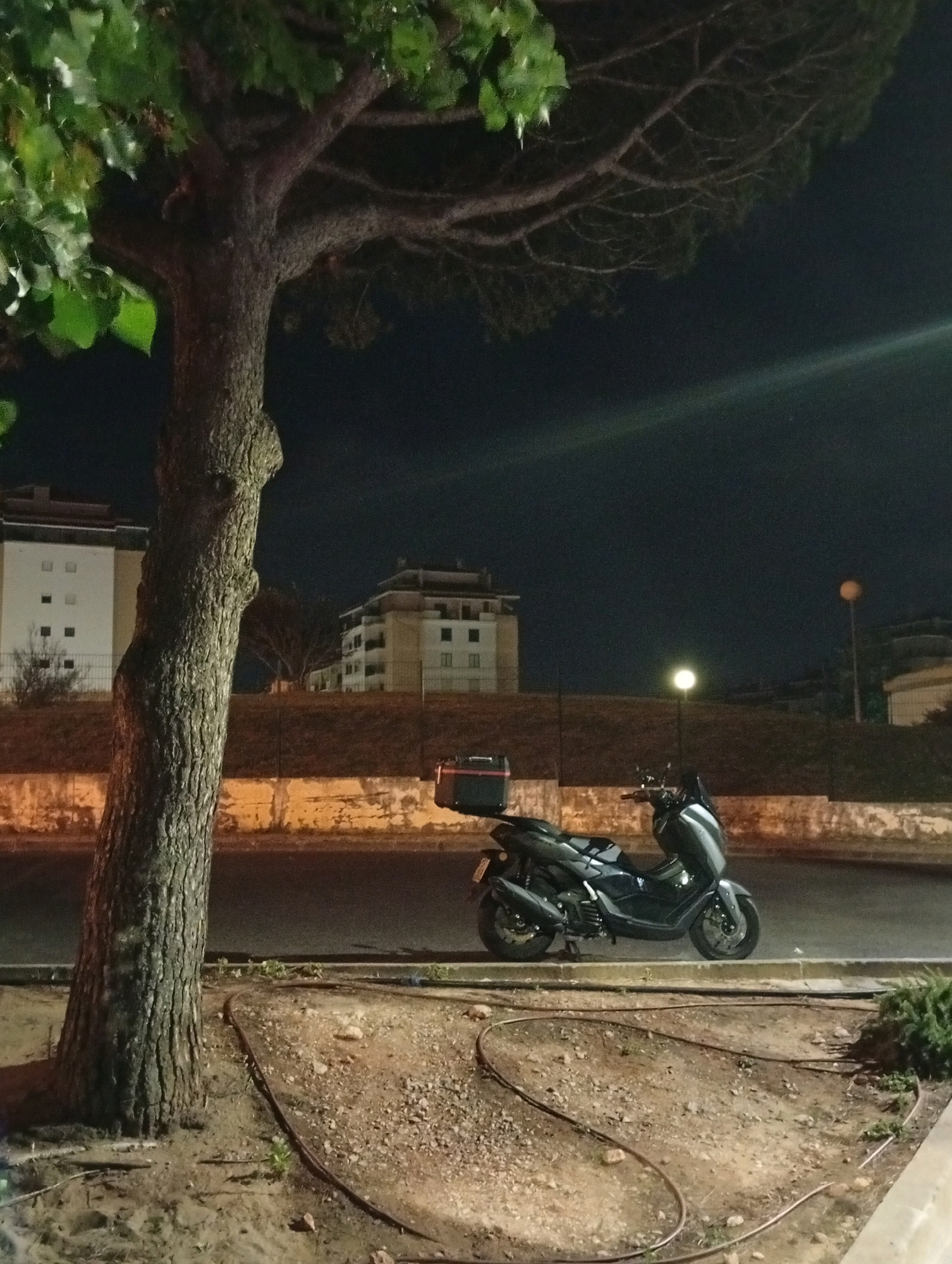 An eye-level medium shot captures a dark, overcast night scene with a large tree dominating the left foreground. The tree's thick, textured bark and gnarled branches are illuminated by ambient light, with its leaves a muted green. To the right of the tree, a dark-colored scooter is parked on a paved surface, its front tire facing forward and its rear tire towards the viewer. The scooter has a black storage box on the back and a black windshield. Behind the scooter, a low, textured wall extends horizontally across the mid-ground, separating the paved area from a grassy incline. On top of the incline, two multi-story buildings with white facades and dark windows are visible against the night sky. The buildings appear to be residential or office spaces. A street light with a glowing orange orb stands between the scooter and the buildings. The ground in the foreground is a mix of soil and gravel, with a dark, coiled hose snake on the ground. The sky is a deep, dark blue, with a faint streak of light across it. The image is taken in Belas, Portugal.
