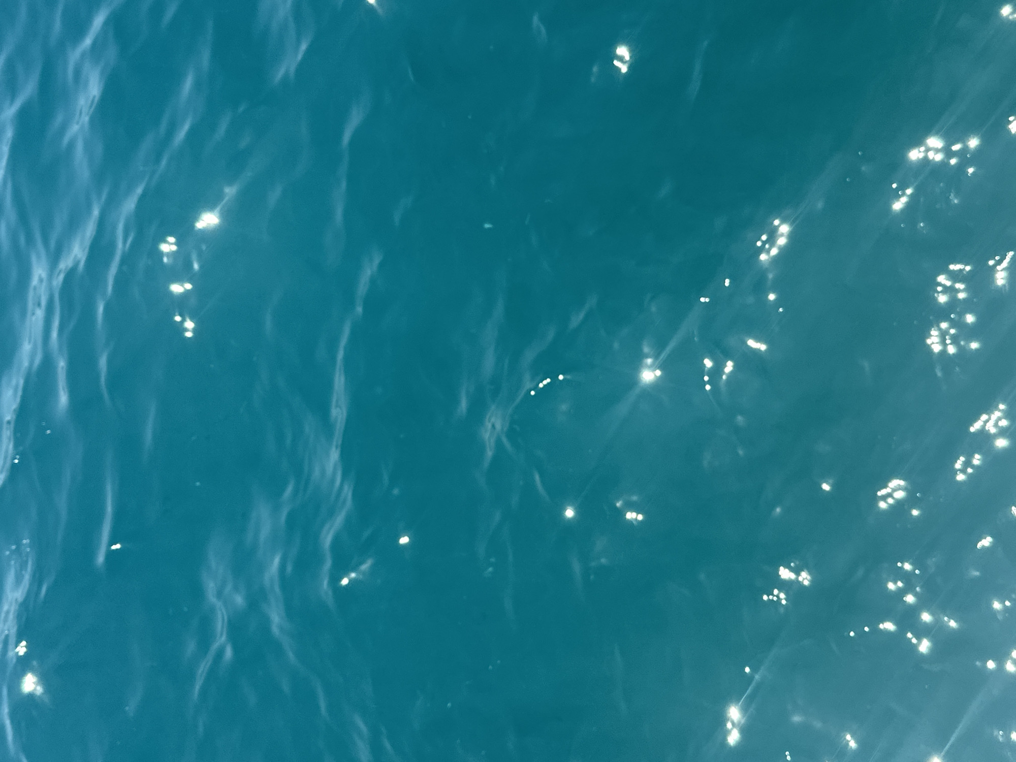 The image presents a close-up, high-angle view of sunlit ocean water in Nha Trang Ward, Vietnam. The water exhibits a deep, clear turquoise hue, with its surface characterized by gentle, undulating ripples. Numerous bright, scattered specular reflections from intense sunlight are visible across the water, varying in size and intensity. No discernible landmasses, vessels, human figures, or other objects are present within the frame, focusing entirely on the dynamic interplay of light and water.