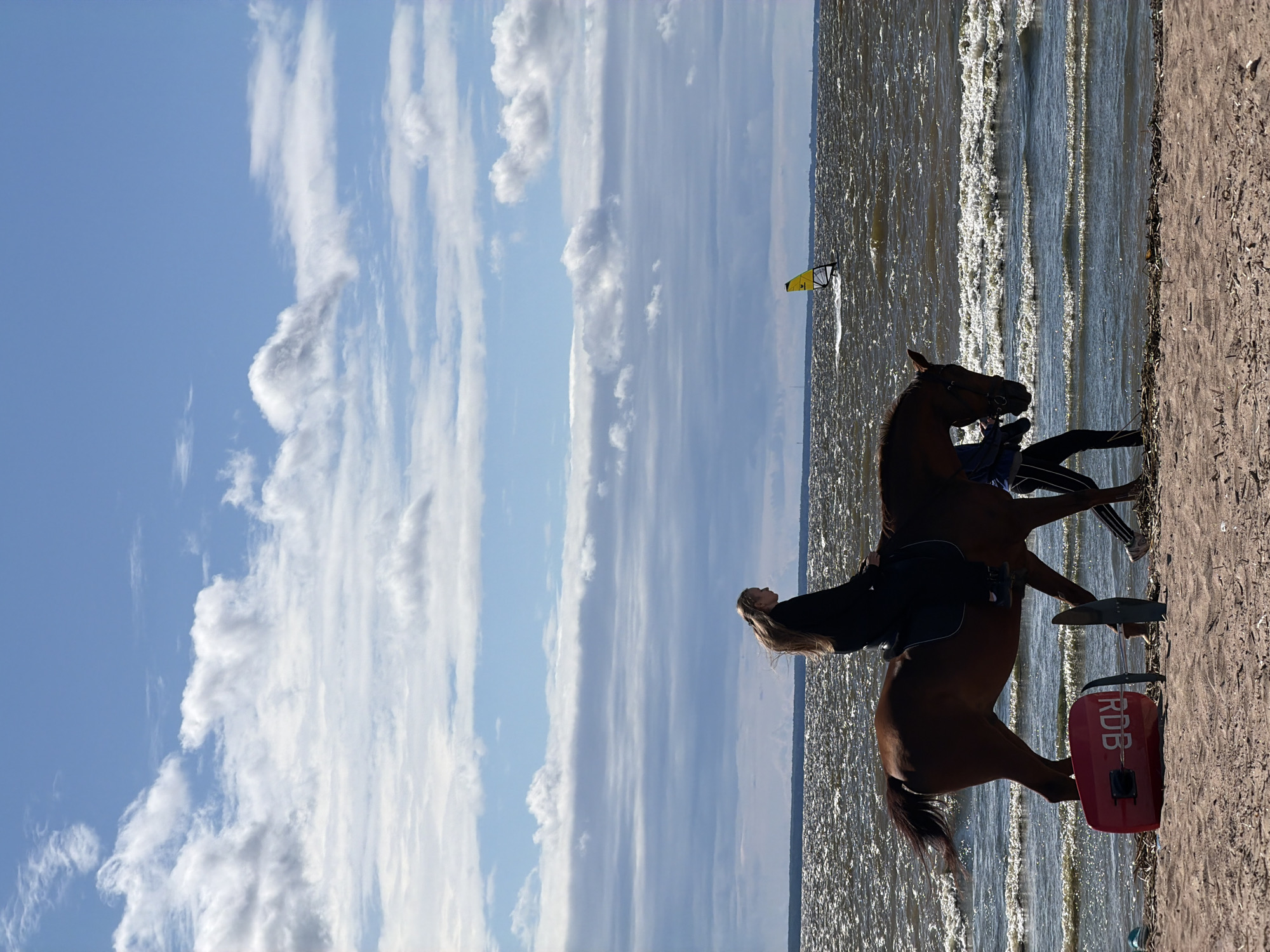 In Kronstadt, Russia, a woman with long blonde hair rides a brown horse along a sandy beach. She is wearing a black outfit and the horse is saddled. A person in dark clothing walks alongside the horse, holding its bridle. A red object with the letters "RDB" is on the sand near the horse's legs, along with a fin. In the distance, on the choppy water, a person is windsurfing with a yellow sail. The sky is blue with scattered white clouds.