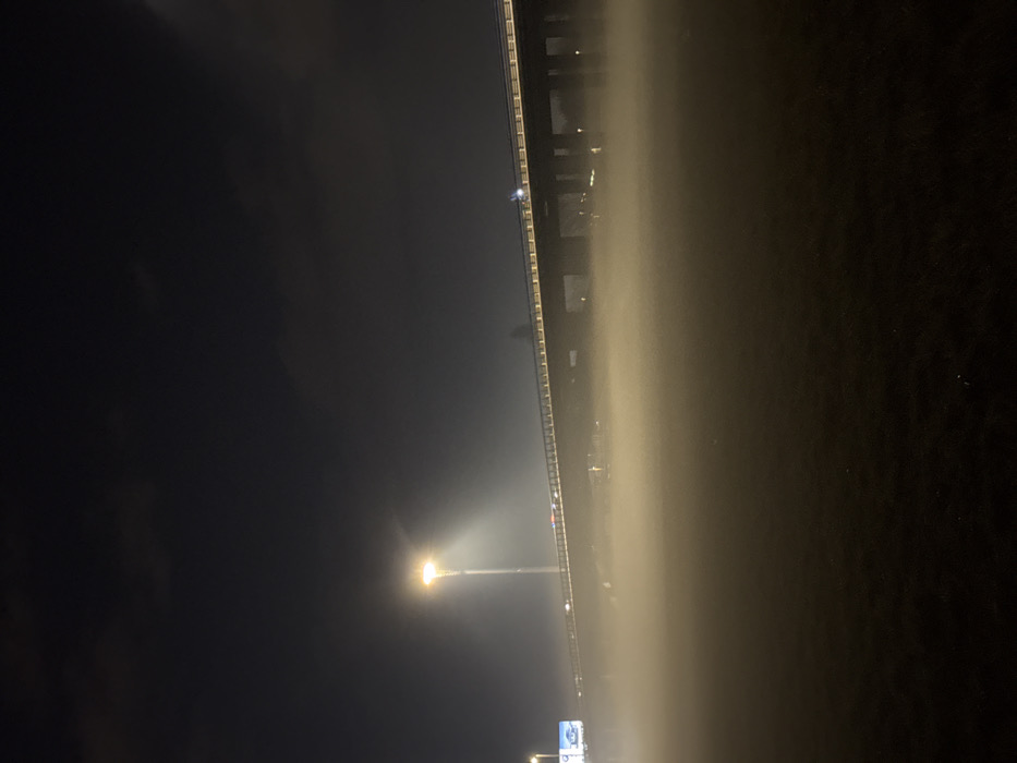 The scene depicts an elevated highway overpass enveloped in heavy fog at night, located in the Novi Zagreb district, City of Zagreb, Croatia. The foreground features a dark, likely grassy field, obscured by a dense layer of low-lying fog that glows yellow-white from ambient light. A prominent multi-lane concrete overpass extends horizontally across the middle ground, supported by multiple pillars partially visible through the fog. A tall street lamp, positioned to the left and closer than the overpass, emits a bright yellow-white light that beams upward into the fog and diffuses across the scene. Vehicles with active headlights and taillights are visible as streaks or distinct lights moving along the overpass. Additional streetlights line the top edge of the overpass. On the far left, an illuminated billboard is partially discernible beneath the overpass, its details indistinct due to the fog. The sky above is dark and overcast, showing no celestial bodies. No individuals are visible.