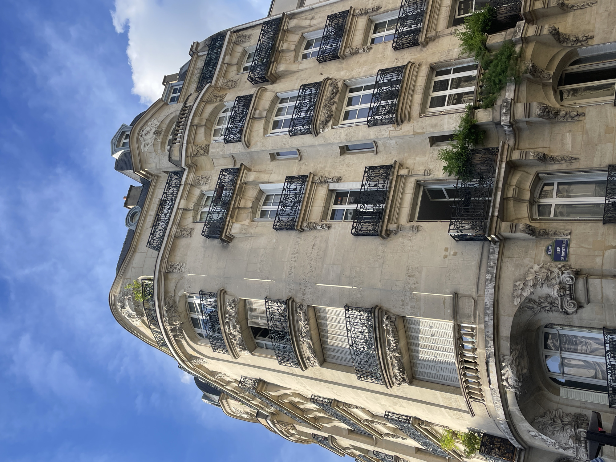 This image presents a dynamic, upward-angled view of a grand, curved building facade, indicative of Parisian architecture, set against a bright blue sky dotted with scattered white clouds. The multi-story building is constructed from light-colored stone and features numerous windows. Most windows are adorned with ornate black wrought-iron balconies or decorative window guards, showcasing intricate scrollwork. Several windows also have closed white louvred shutters.
The building's facade is rich in decorative details, including carved garlands, classical consoles, and other embellishments around the windows and along the curved lines of the structure. Patches of green foliage, appearing as vines or small potted plants, grow on parts of the facade and within some window boxes, adding natural elements to the stone building.
The bright daylight illuminates the building, casting subtle shadows that highlight its architectural depth and the intricate carvings. A blue street sign is visible on the right side of the building, clearly displaying the text "L'AMIE" above "RUE DE MONTREUIL," confirming the location as a street in Paris, France. The scene captures the timeless elegance and historical character of a typical Parisian urban landscape on a clear, pleasant day. There are no people visible, and no specific activity is taking place beyond the static presence of the architecture.