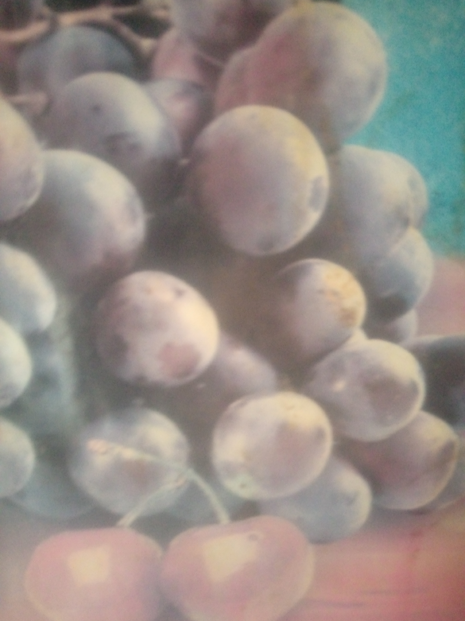 The image is a close-up, blurred shot of a cluster of grapes and two cherries. The grapes are predominantly purple and appear to be ripe. Some are round, while others are slightly oval. The cherries are a lighter shade of red or pink and have visible stems. The background is a soft, out-of-focus teal color. There are no people or specific landmarks visible in the image to indicate a location within Jalingo, Nigeria. The lighting is soft and diffused, creating a dreamy, somewhat abstract effect due to the blurriness.