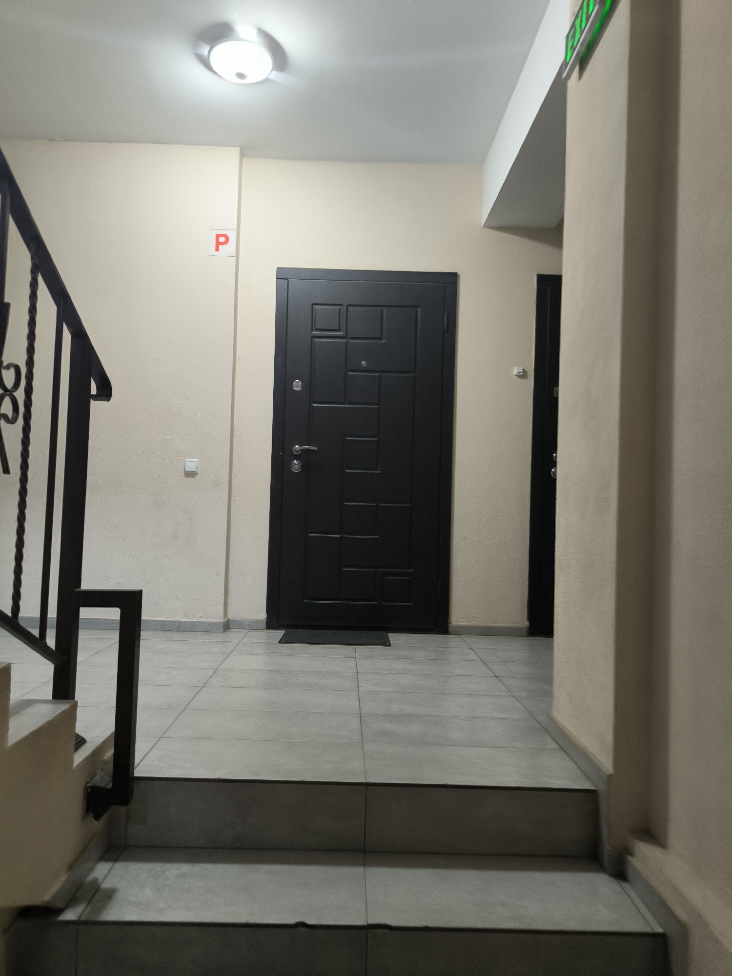 This is a photograph of an interior hallway with a staircase in the foreground, leading up to a landing with two doors and a sign. The walls are painted a light beige, and the floor is tiled with large, light gray squares. A black metal railing runs along the left side of the stairs.
The main subject is a dark gray, paneled door in the center of the frame. To the left of this door, a small, red square sign with a white letter "P" is affixed to the wall. To the right of the main door, a narrower, dark door is visible. Above the main door and slightly to the right, a green "EXIT" sign is mounted on the ceiling. A circular, white ceiling light fixture illuminates the area. There are no people or animals visible in the image. The scene appears to be a typical hallway in an apartment building or office complex.
Based on the provided information, this image is located in the city of Chișinău, Moldova.