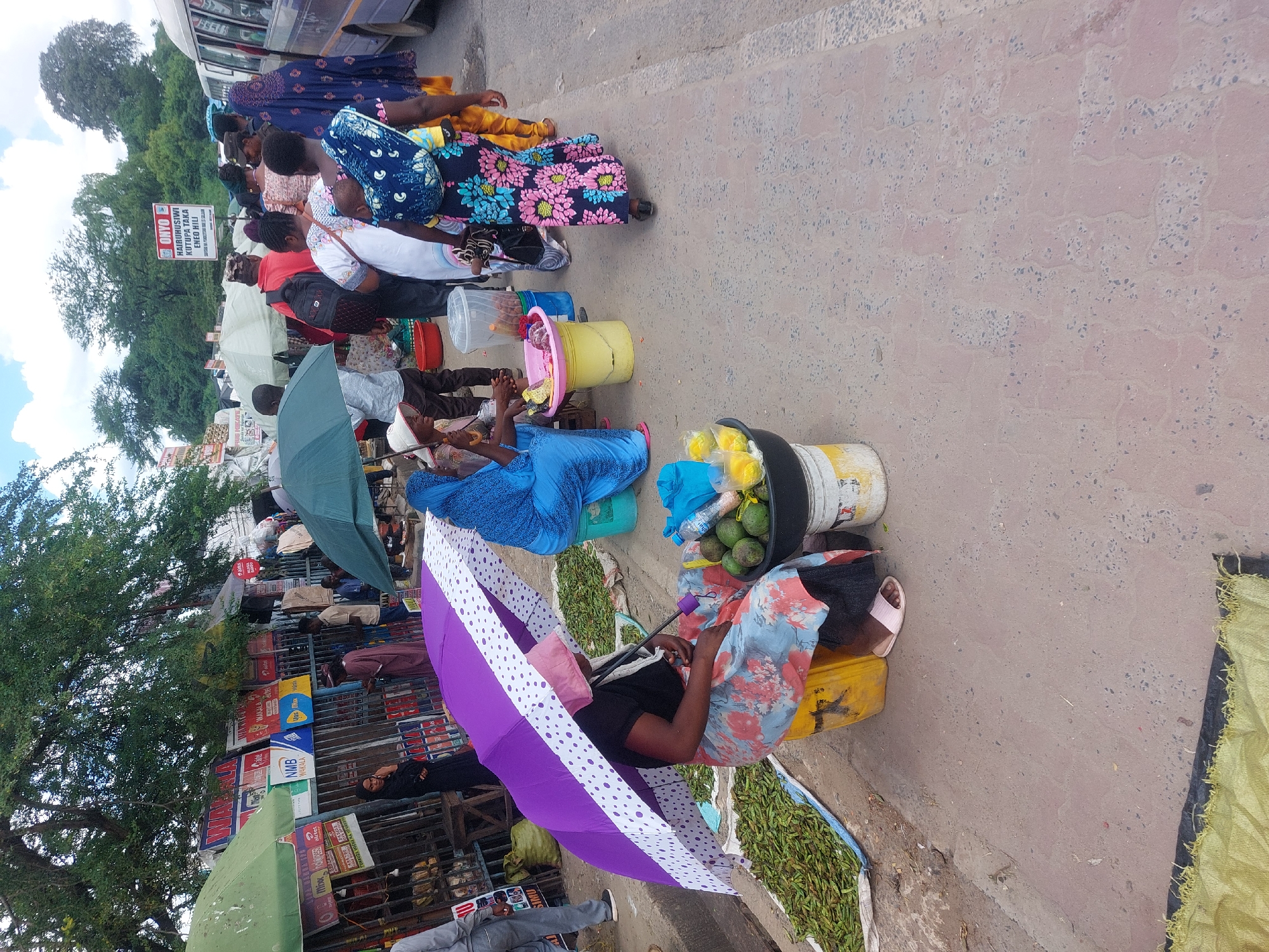 A busy street scene in Dar es-Salaam, Tanzania. Vendors sit on the ground next to the street with their goods for sale, including avocados, yellow fruit, and piles of green produce spread out on tarps. Some vendors use umbrellas for shade, one with a distinctive purple and white polka dot pattern. Behind the vendors is a row of businesses with signage and advertisements in Swahili. There are people walking on the sidewalk alongside the businesses and some waiting at a bus stop. The sky is partly cloudy.