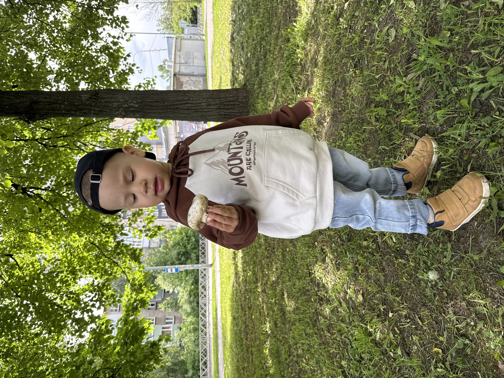 A young child in a brown and white hooded sweatshirt, light blue jeans, and tan shoes is standing on a grassy area, holding a mushroom in their right hand. The child is also wearing a black baseball cap. Trees are visible to the left, and a building can be seen in the background. The location appears to be a park or grassy area in a city, as indicated by the building in the distance.