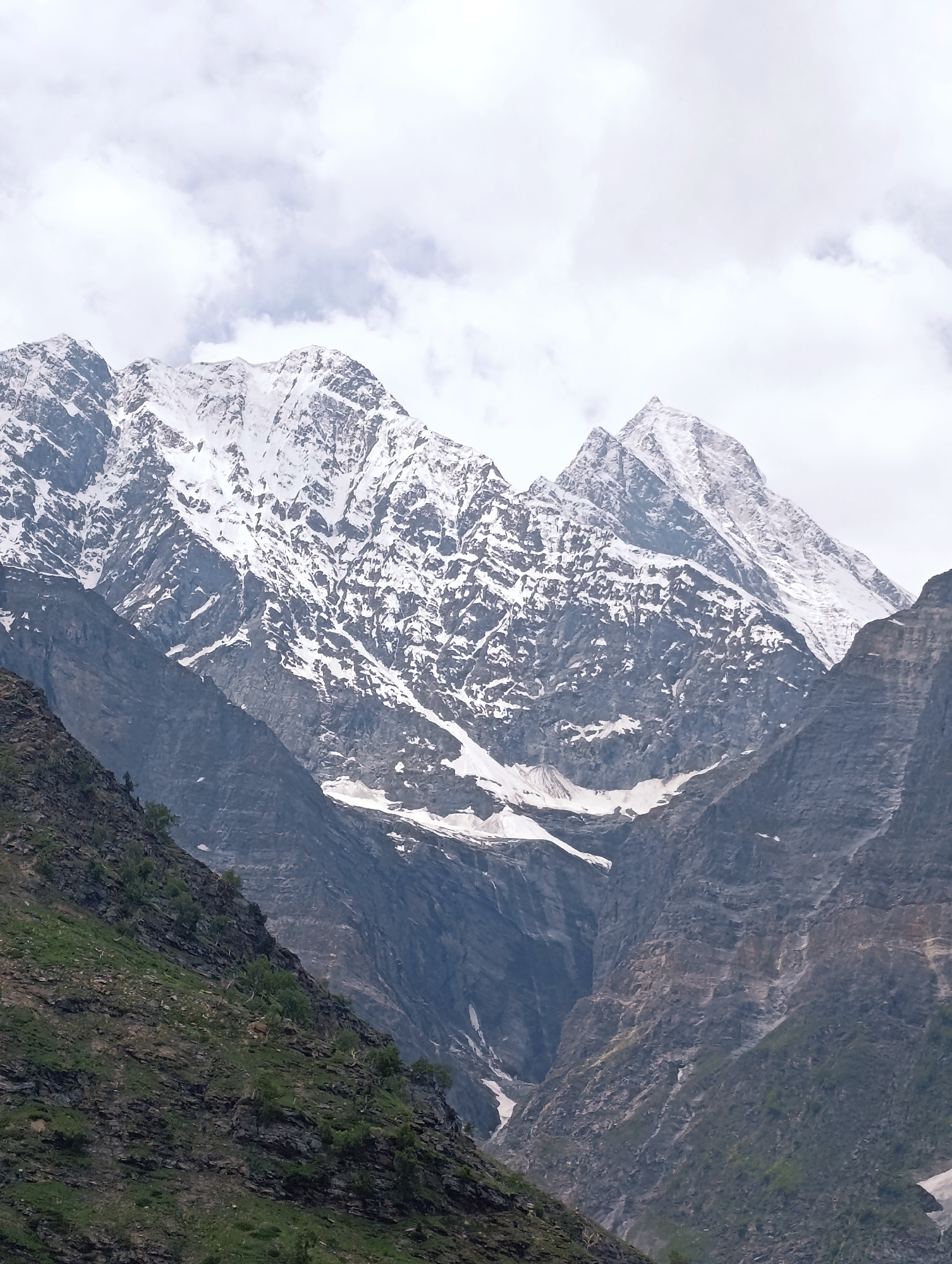 A vertical, eye-level shot captures a majestic mountain range under a cloudy sky. The peaks are heavily snow-capped, with rugged, dark grey rock formations visible beneath the white snow. A deep valley carved into the mountainside is also visible, with patches of snow and ice. In the foreground, a steep, rocky slope is covered with sparse green vegetation and scattered trees. The overall impression is one of grand, untamed natural beauty. The image is identified as being located in Jagle, India.
