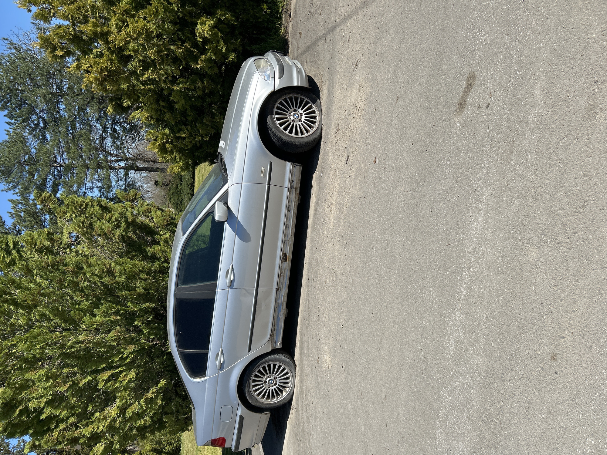 The image shows a silver BMW sedan parked on an asphalt surface next to a tree in Dichin, Bulgaria. The car shows signs of wear, including rust along the lower body panel. The asphalt surface appears to be a road or driveway. The sky is blue and partially visible through the trees.