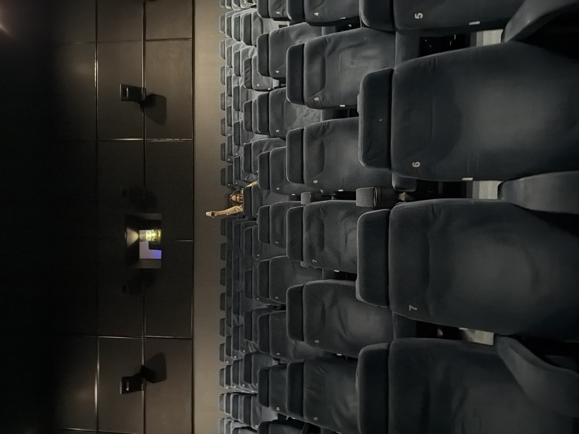 An image depicts rows of empty, numbered theater seats in a darkened room. A person is visible seated in the middle of the rows, and a projector's light is seen at the back of the theater. The location is the Cinema Star in Khimki, Russia.