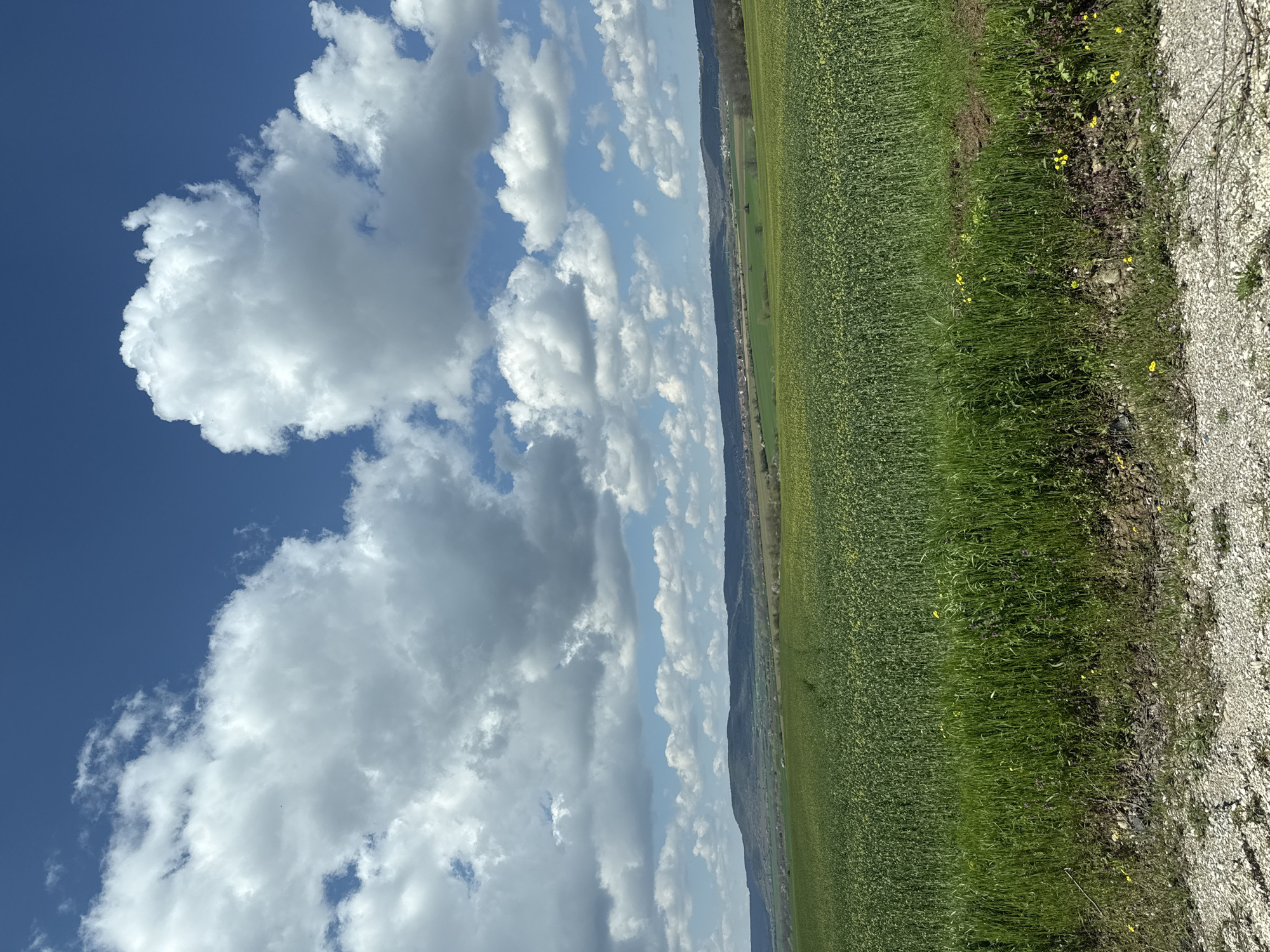 The image depicts a rural landscape on a sunny day with a partly cloudy sky. A vast green field occupies the majority of the frame. A gravel path runs along the edge of the field. In the distance, there is a glimpse of a small settlement or village, and possibly hills or low mountains can be seen on the horizon. The image appears to be taken in a rural setting, possibly near Slavyani, Bulgaria. There is no evidence of people, actions or interactions.