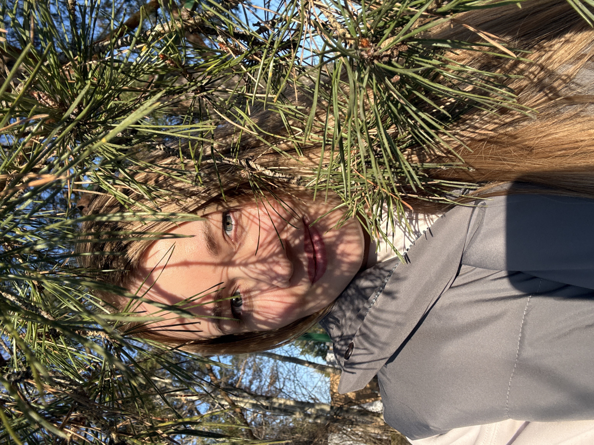 The image displays a close-up portrait of a young woman, rotated 90 degrees to the left, with her head resting on what would typically be her right shoulder. She is framed and partially obscured by dense green pine needles.
The main subject is a young woman with long, light brown or blonde hair, illuminated by bright sunlight. Her face, seen mostly from the nose up, features light-colored eyes, possibly blue or green, with a calm and neutral expression. Prominent, sharp shadows from the pine needles fall across her face, particularly her forehead, nose, and lips, creating intricate patterns. She is wearing a grey jacket or coat, visible on the lower right side of the frame, with visible stitching and a button near the collar.
The setting is outdoors, likely in a forest or park, indicated by the abundant pine branches and needles in the foreground and the blurry background of what appears to be other trees and a clear blue sky. The strong shadows suggest a sunny day, possibly midday or early afternoon. The overall impression is one of a natural, serene environment. The activity appears to be posing for a photograph, possibly a selfie, utilizing the pine foliage as a natural frame. There is no visible text in the image. The location context provided is Chaikovsky, Russia.