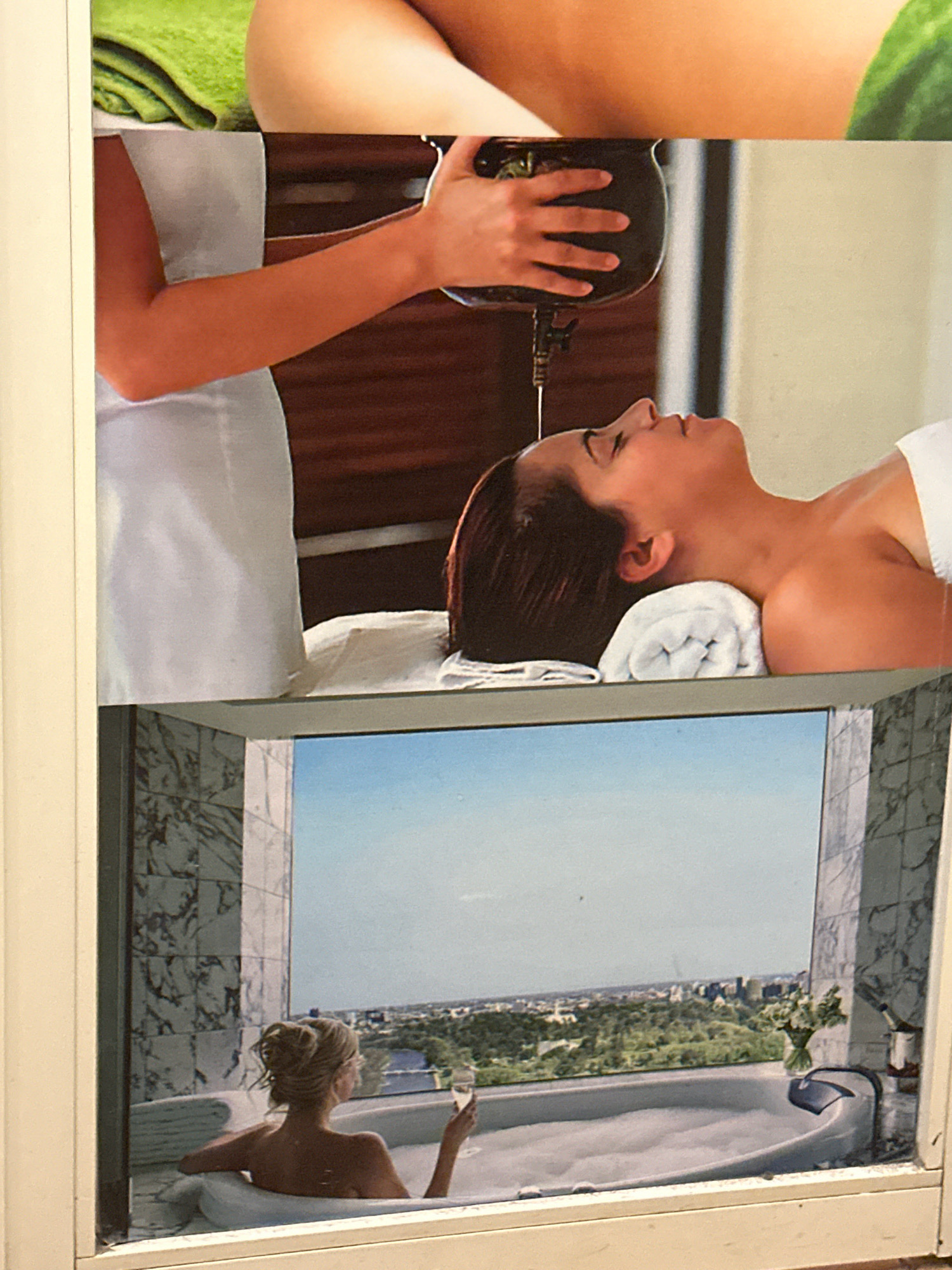 The image is a collage of two distinct scenes. The top scene depicts an Ayurvedic massage treatment. A person in a white robe is pouring oil from a metal vessel onto the forehead of a woman lying on a massage table. The woman is relaxed, with her eyes closed. A green towel is visible in the upper left corner. The bottom scene shows a woman in a bathtub, holding a glass of champagne. She is looking out at a cityscape with buildings and trees. The bathtub is positioned near a large window, with marble-patterned walls. The overall mood of the top scene is serene and therapeutic, while the bottom scene suggests luxury and relaxation. There is no visible text in the image.