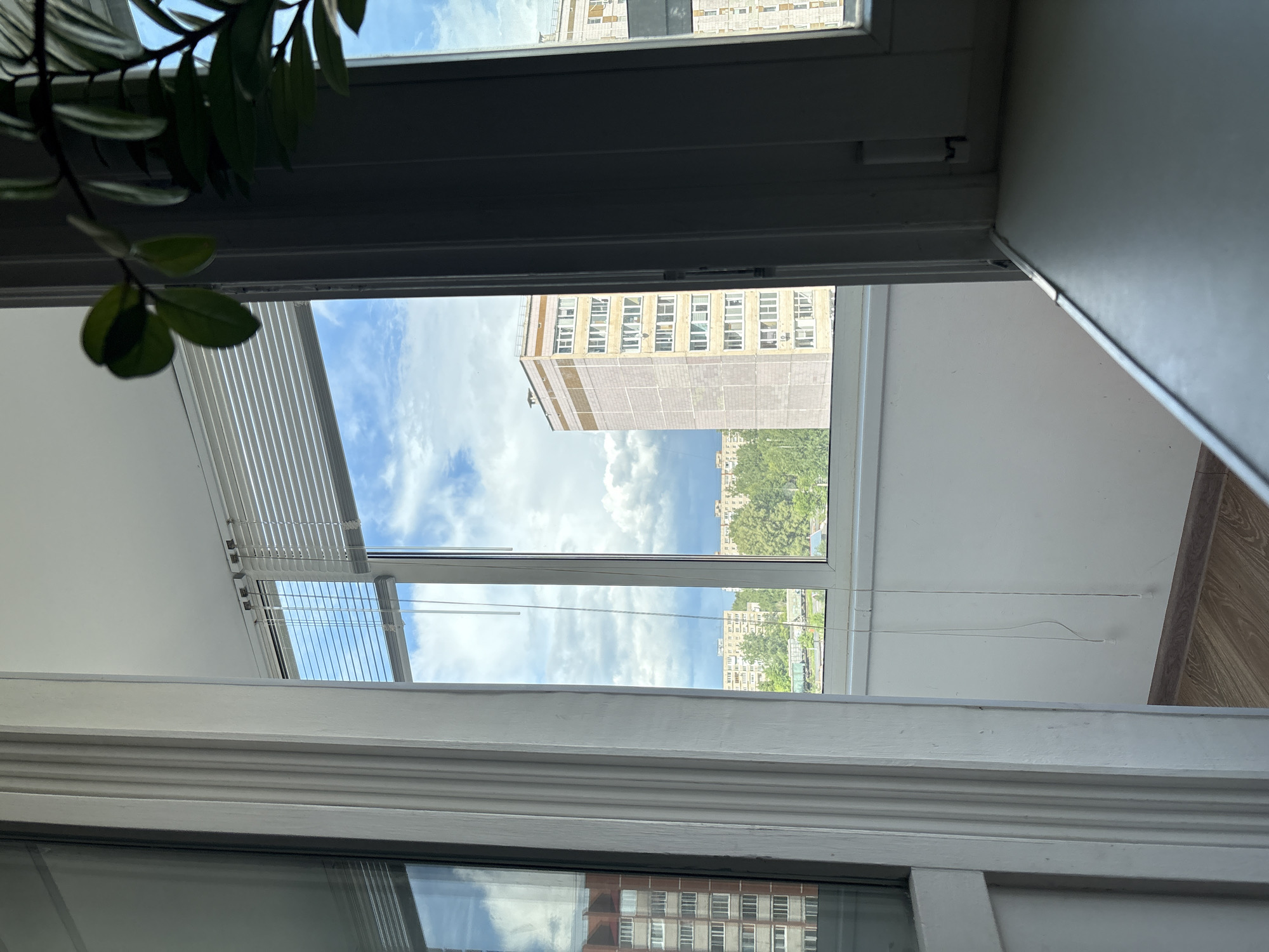 A view from inside a building looking out through an open window. The window frame is white and the window itself is composed of multiple panes. Blinds are visible at the top. Outside, a tall, rectangular building with many windows can be seen against a backdrop of blue sky with scattered clouds. Green trees and more distant buildings are also visible. A leafy plant is partially visible in the upper left corner. The scene appears to be within the city of Chaikovsky, Russia, based on the architectural style of the buildings.