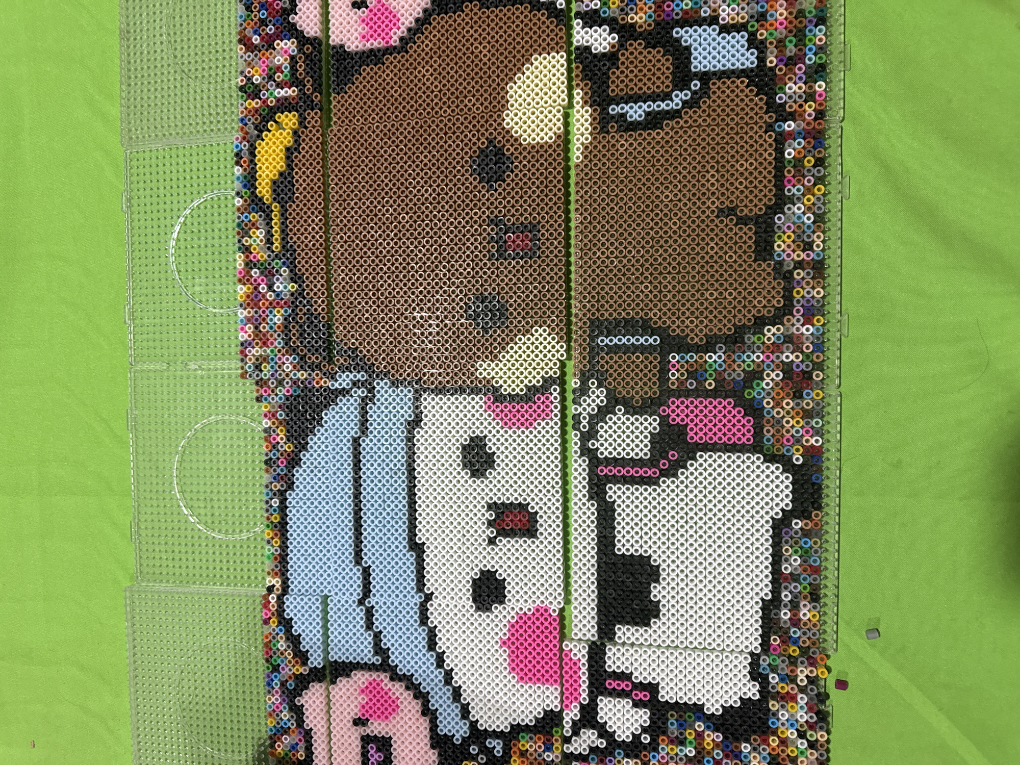 The image shows a partially completed craft project made of small, colorful plastic beads, likely fuse beads. The design depicts cartoon-like characters on a grid of interconnected clear plastic boards. The characters are a brown bear wearing glasses, a white cartoon figure with pink cheeks, and another partially visible pink character at the bottom. The plastic bead design is surrounded by a border of multi-colored beads. The background is a plain, bright green surface. There is no information to conclude that this image was taken in Puebla, Mexico.