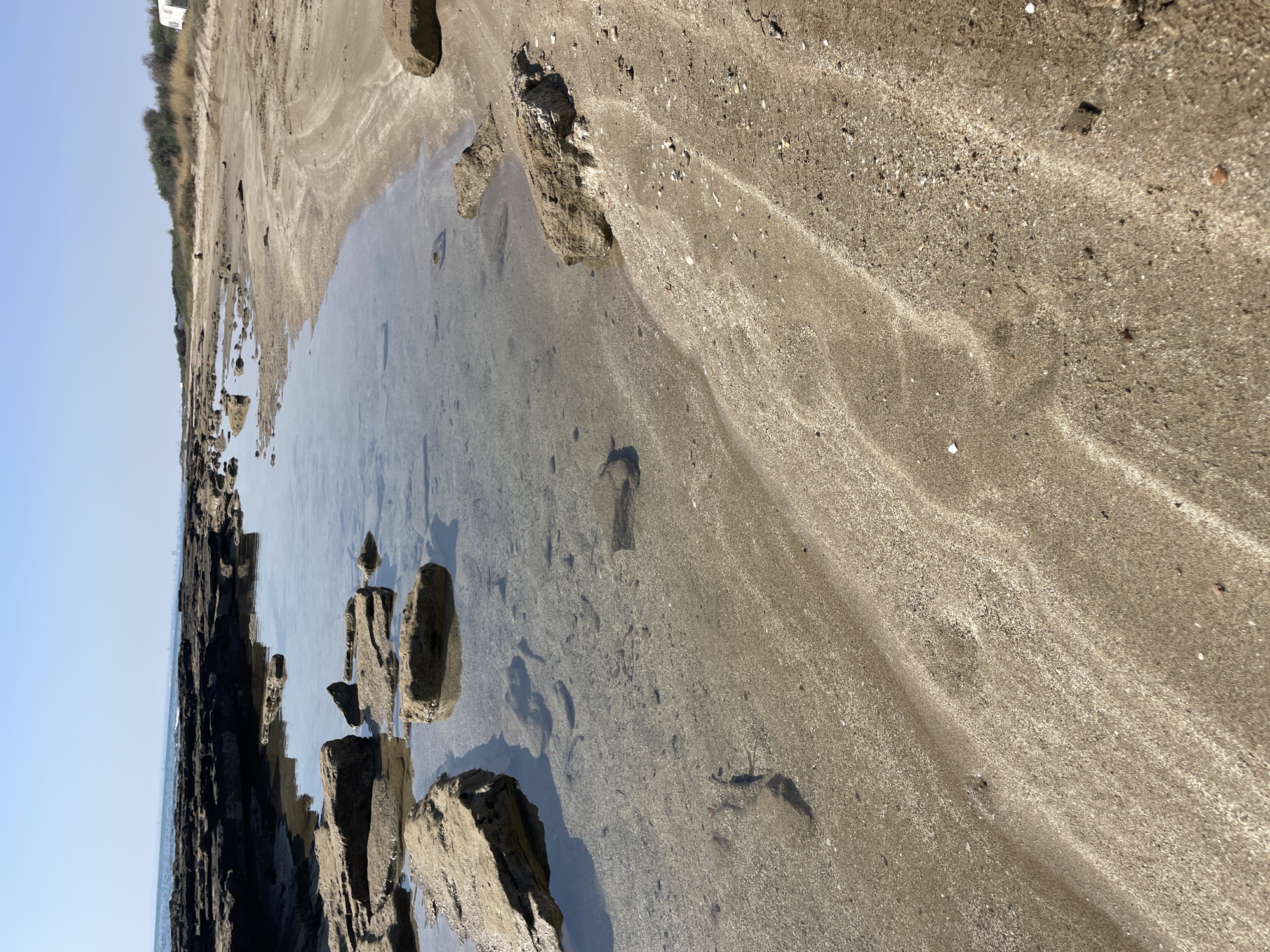 This is a ground-level, eye-level, vertical, outdoor, natural, daylight photograph of a shallow tide pool on a sandy beach, with a backdrop of dark rocks and the sea. The water in the tide pool is clear, revealing small pebbles and shells on the sandy bottom. A few dark, flat rocks are visible on the left and center of the frame, partially submerged in the water. The sandy beach extends to the right, with subtle ripples and lines etched into the sand by the receding tide. In the background, a low, scrubby vegetation line meets the horizon under a clear, light blue sky. A small white caravan or camper is parked on the beach in the distance, on the right side of the frame. The scene is serene and devoid of any visible human activity, except for the distant caravan. The location appears to be Spathariko, Northern Cyprus.