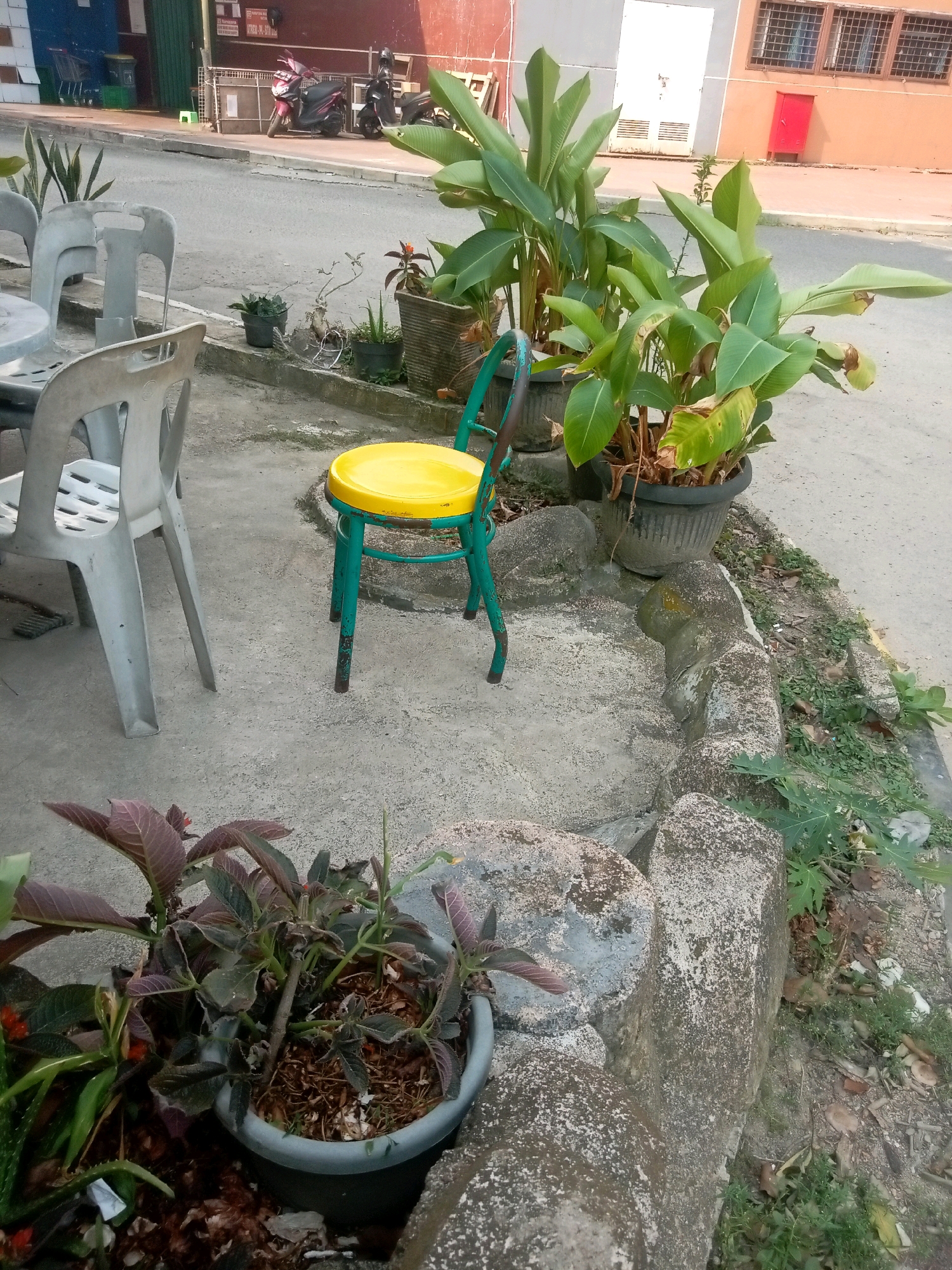 The image depicts an outdoor seating area adjacent to a road in Batam, Indonesia. In the foreground, a potted plant with dark reddish-purple leaves is visible on the left, next to a large grey rock. To the right of the rock is a turquoise chair with a yellow seat. Behind the chair, a cluster of large-leafed plants in a pot stands on the pavement. Further to the left, several white plastic chairs are arranged around a small table. The background shows a street with parked motorcycles and a building with orange and grey sections. The scene appears to be a casual outdoor space, possibly associated with a business or residence, in a moderately urban environment.