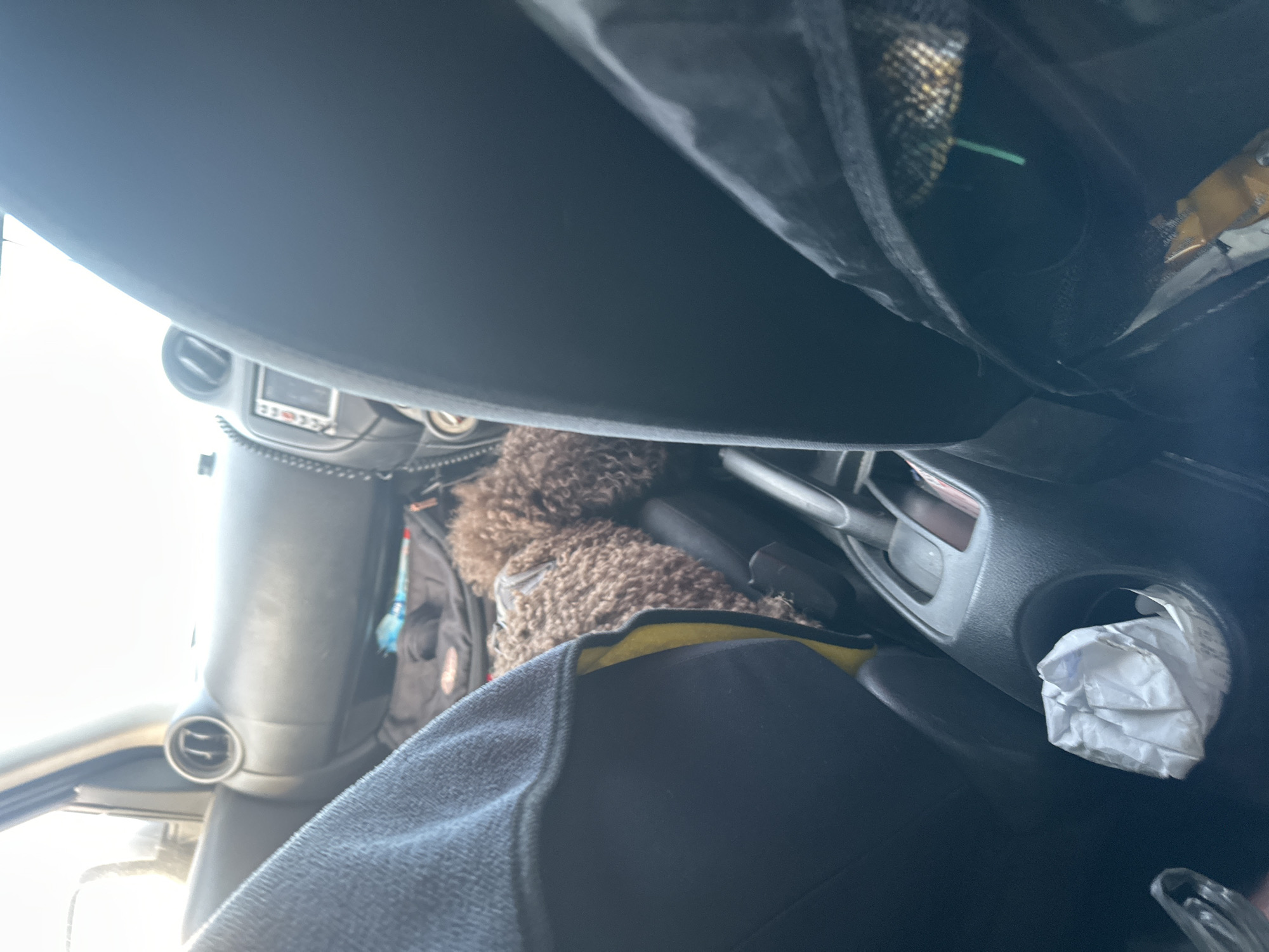 The image shows the interior of a vehicle, possibly a car or truck, with a view angled towards the dashboard and the passenger area. The dominant subjects are a brown, curly-haired dog, likely a poodle mix, nestled in the passenger seat, and parts of the vehicle's interior. The dog appears to be relaxed, with its head resting on something soft.
Visible objects include the car's dashboard, featuring an air vent on the left and a circular cup holder on the right that contains a crumpled white paper bag. A dark-colored dashboard cover is prominent in the foreground, obscuring parts of the view. A black fabric with a textured pattern is draped over something in the upper right corner of the image, with a thin green object protruding from it. The dog is wearing a yellow collar or harness.
The scene is set inside a vehicle. The lighting suggests it is daytime, with bright light coming from outside through the windshield, indicated by the washed-out sky visible on the left. The weather appears clear and sunny. There are no clear indicators of a specific location beyond it being inside a car. The overall mood conveyed is one of a casual journey or waiting period, with the dog appearing content. No readable text is visible in the image.