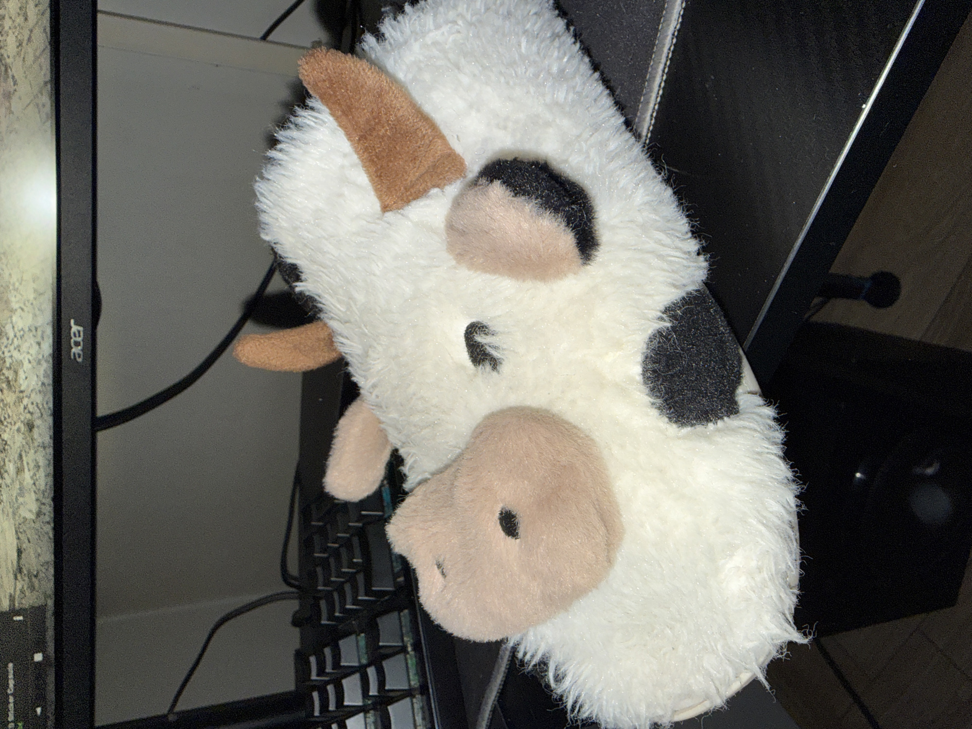 A plush, white, fuzzy cow head with brown horns and black spots rests on a black computer keyboard next to an Acer computer monitor. The scene appears to be indoors on a desk or table. The location is not discernible from the image and the city of Shumen, Bulgaria cannot be confirmed.