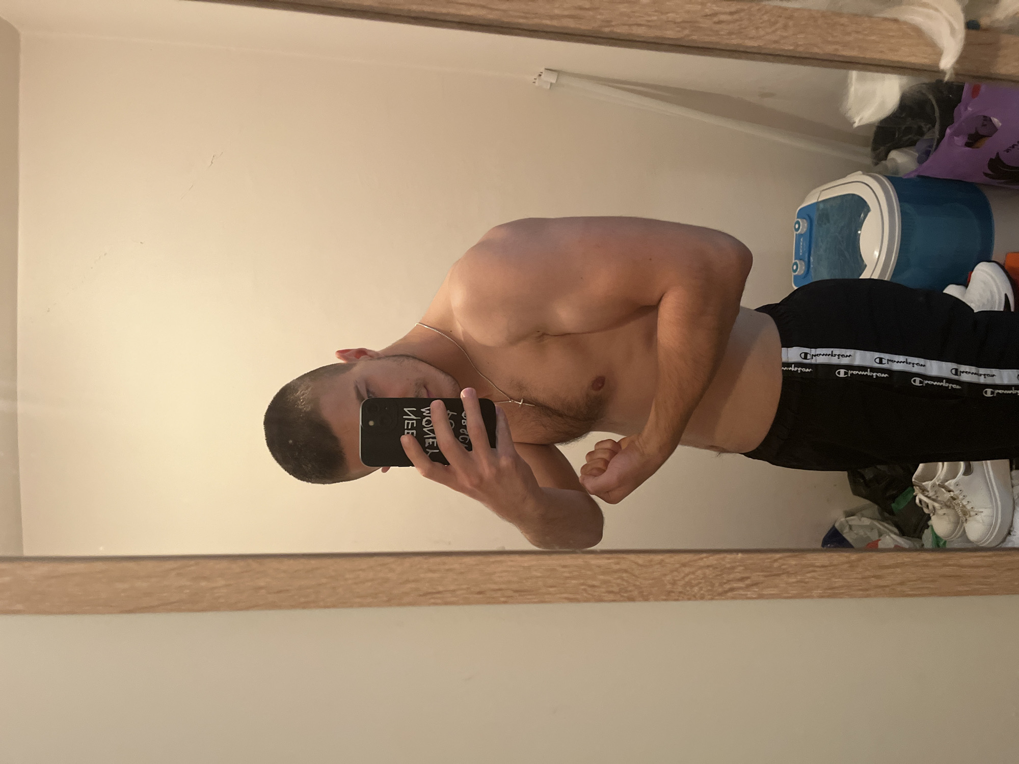 A person stands in front of a mirror taking a selfie. The person is male, shirtless, and wearing black Champion sweatpants. The person has short hair and is holding a phone with a black case that reads "MORE MONEY, MORE PROBLEMS." The background of the image includes a cream-colored wall, a mirror with a wooden frame, and various objects including a blue plastic container, shoes, and plastic bags. The location is not specified.