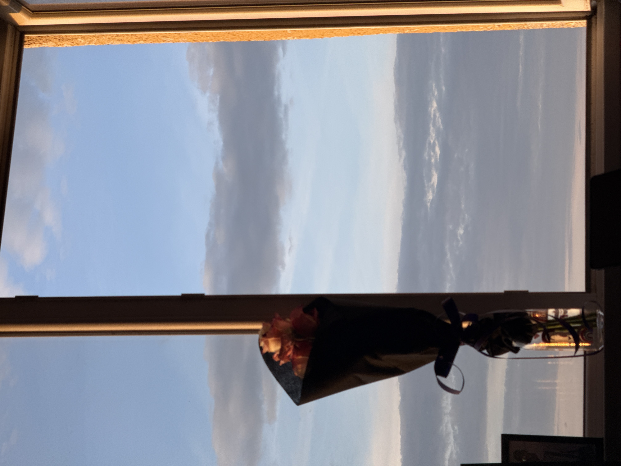 The image depicts a view through a window, likely in a domestic setting, with a bouquet of flowers in a glass vase placed on the windowsill. The sky is visible through the window, showing light blue skies with some clouds. The window frame is wooden. The bouquet is wrapped in dark paper and tied with a ribbon. Below the windowsill, part of a dark object, possibly a shelf or furniture, is visible with a framed picture on it. The precise location within Sofia, Bulgaria, cannot be determined from the image alone.