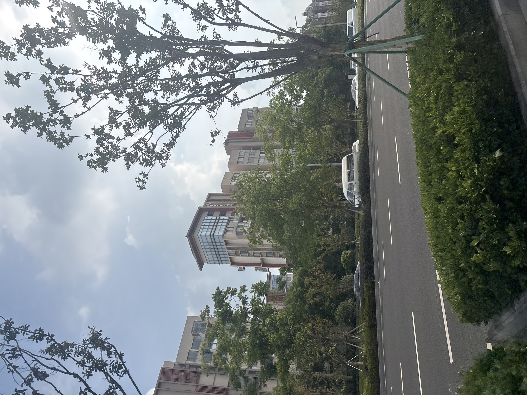The image captures a street scene in Suzhou Industrial Park, China. In the background, modern multi-story buildings with a mix of concrete, glass, and red accents rise against a partly cloudy sky. Green trees and manicured bushes line the street, creating a sense of urban greenery. A paved road with white lane markings runs across the foreground, with several vehicles visible. These include a white van, a white sedan, and another car partially obscured. The overall impression is that of a well-developed urban environment with a focus on residential architecture and landscaping.
