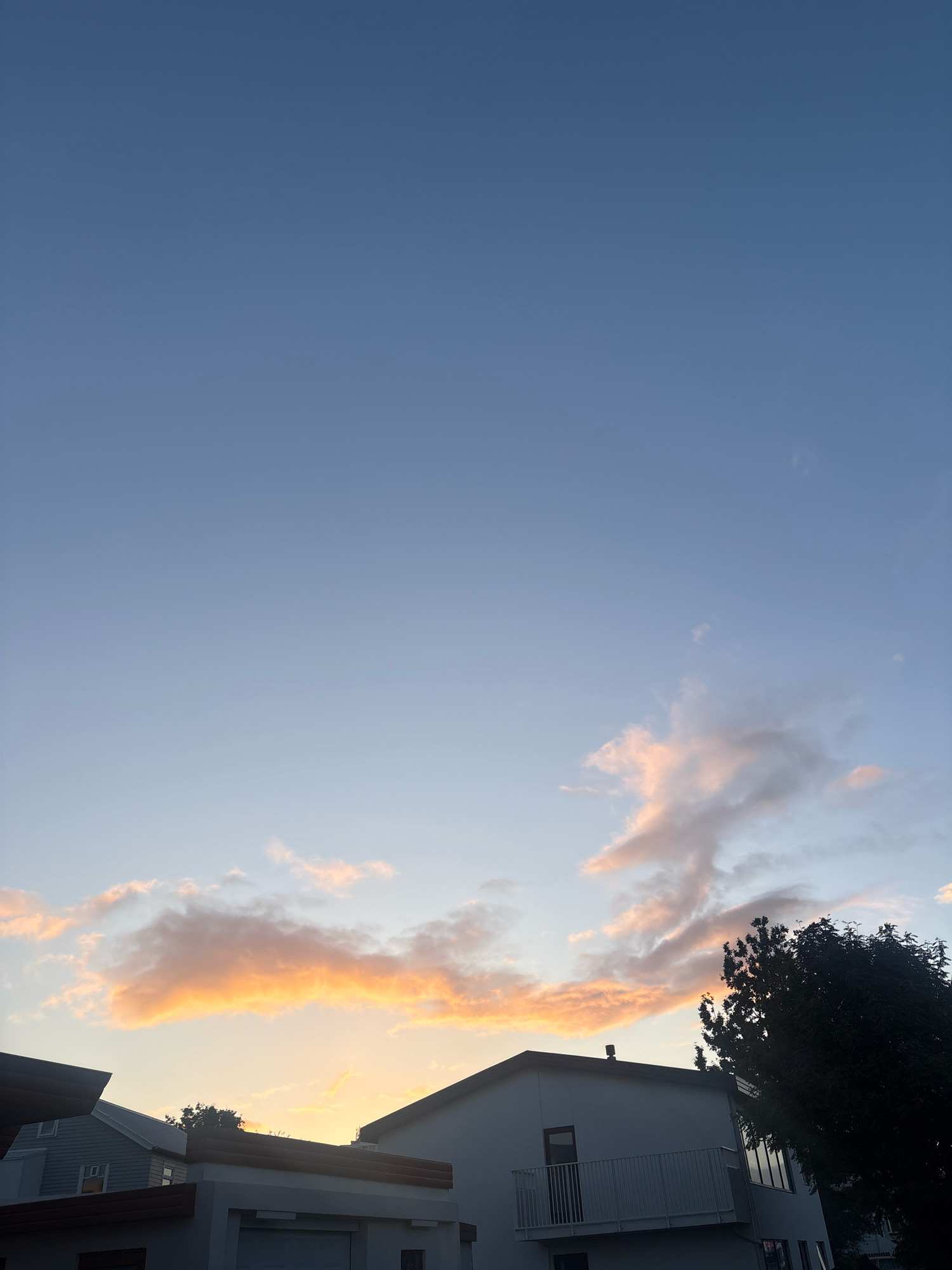 The image captures a serene sky over Reykjavik, Iceland, likely during either sunrise or sunset, given the soft, warm hues illuminating the clouds. The sky transitions from a pale blue at the top to a lighter, more yellow-orange tint near the horizon. A few scattered clouds are visible, tinged with orange and pink, indicating the presence of sunlight.
Dominating the lower portion of the frame are the silhouettes of buildings, suggesting an urban or suburban setting within Reykjavik. The architecture appears modern, with clean lines and white facades. A white building with a balcony and dark-framed windows is prominent on the right. To the left, another building, possibly a house, is partially visible with gray siding and visible windows. A dense, dark green tree stands to the right of the white building, its branches reaching upwards towards the sky. The overall scene conveys a sense of calm and tranquility, characteristic of Reykjavik's natural beauty and its urban landscape blending seamlessly.