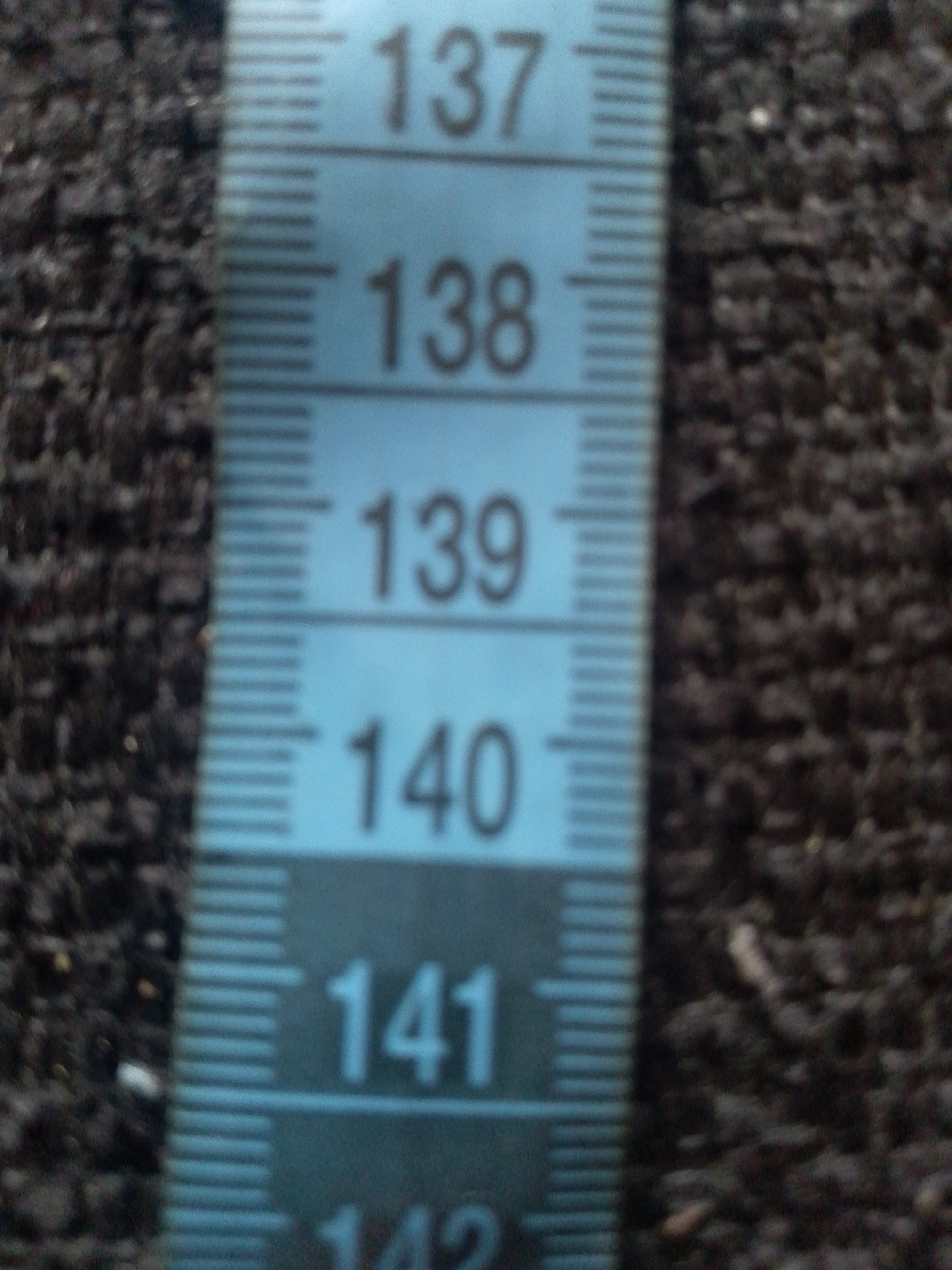 The image is a close-up, slightly blurry, vertical shot of a light blue measuring tape with black markings and numbers against a dark, textured background that appears to be fabric or carpet. The tape is marked in centimeters, showing the numbers 137, 138, 139, 140, and 141, with smaller tick marks indicating millimeters. The background texture is consistent and appears to be a woven material. There are no people or discernible actions in the image. The location in Jauro Yinu, Nigeria is not visually represented or indicated by any element within the image itself.