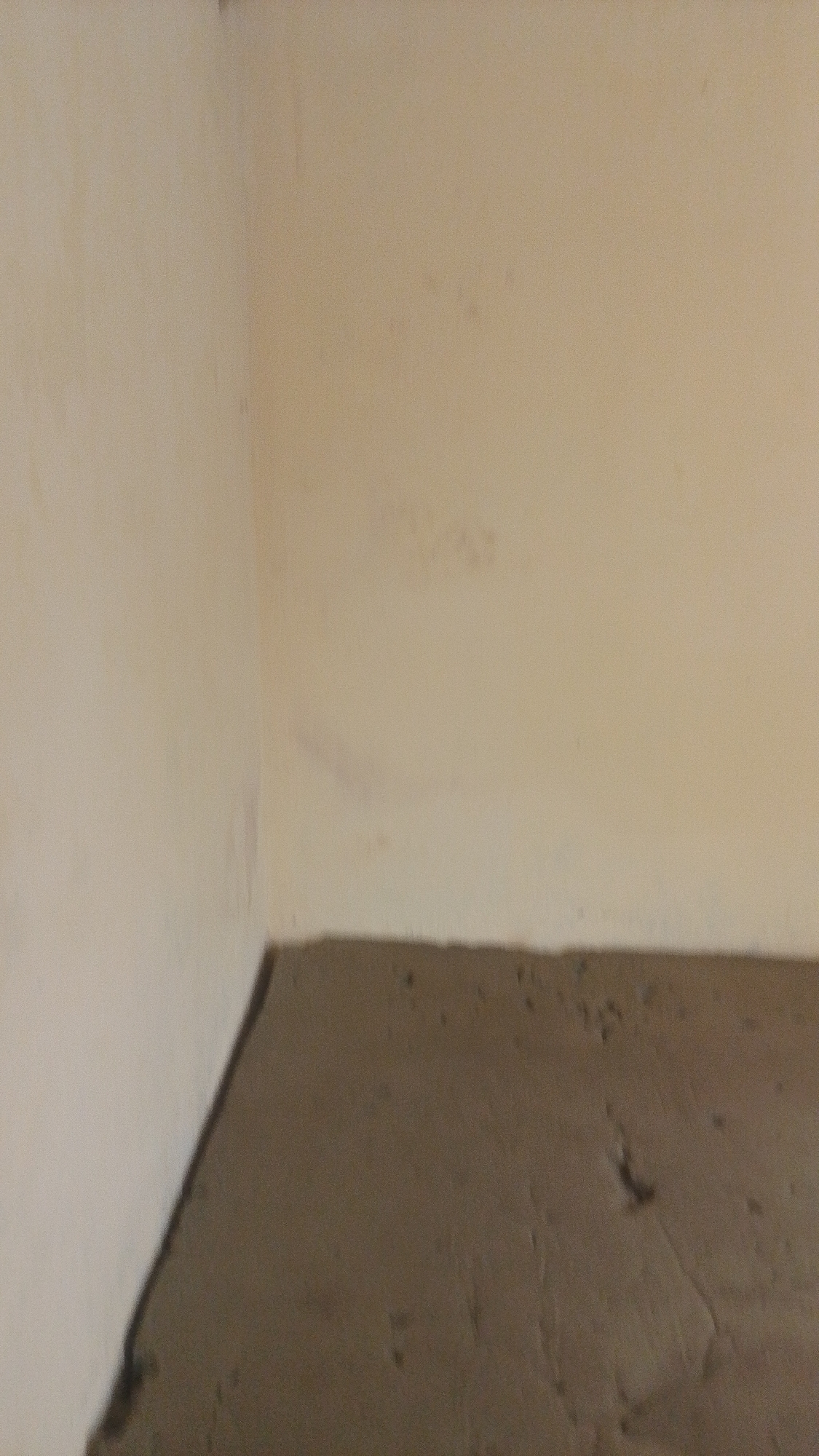 This image depicts an interior corner of a room in Balewa, Nigeria. The walls are a light, neutral color, possibly cream or off-white, and appear to be painted. There are some faint marks or stains on the walls, suggesting age or wear. The floor in the foreground is a dark, rough material, likely concrete or a similar aggregate, which appears to be freshly laid or unfinished, with visible trowel marks. The lighting is dim, casting subtle shadows. The scene is devoid of any people or furniture, presenting a minimalist and somewhat stark environment. The overall impression is of a space under construction or renovation.