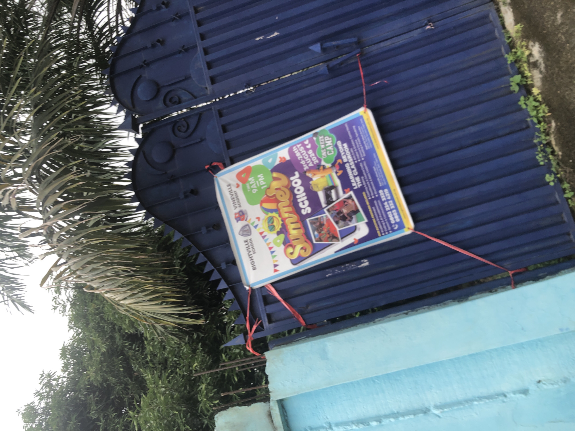 A poster advertising a summer school is attached to a dark blue metal gate with red ribbons. The poster is for "RIGHTVILLE SCHOOL" and "VINEVILLE ACADEMY," offering a "Summer School" program from "3rd-28th AUGUST 2026." The program includes a "ONE WEEK CAMP" and states "LEARNING BEYOND THE CLASSROOM." It also lists contact phone numbers: "0803 224 3329" and "0803 332 4219." The gate is part of a school building, and the environment appears to be outdoors with trees and foliage visible in the background, suggesting a location in Ado, Nigeria. A light blue concrete wall is visible to the left of the gate.