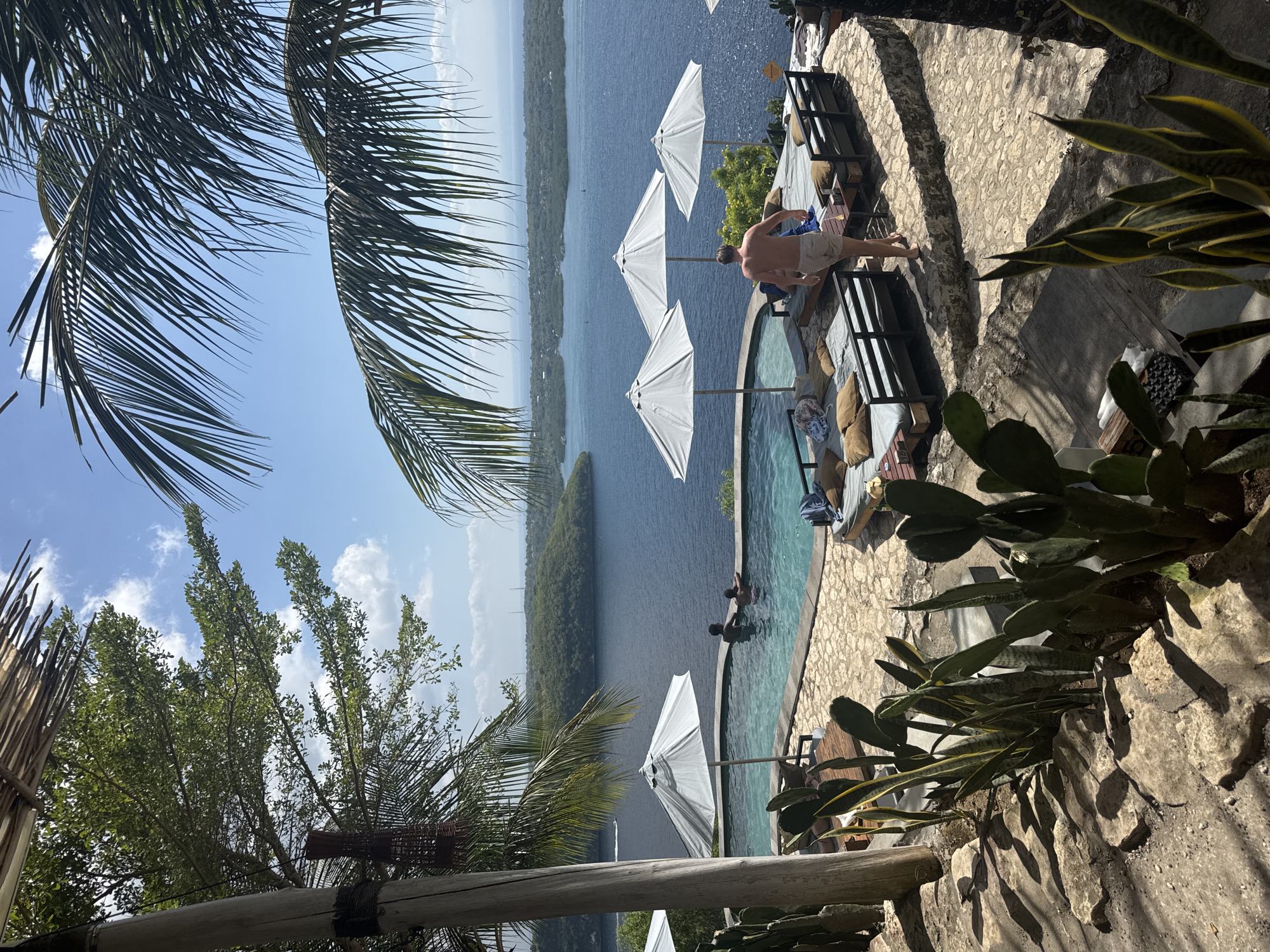The image depicts a sunlit tropical resort setting overlooking a large body of water, consistent with a coastal view from Nusa Penida, Indonesia.
In the foreground, a rough stone pathway or steps ascend, bordered by various tropical plants, including snake plants with yellow-edged leaves and paddle-shaped cacti. A stout wooden pole, likely part of a support structure, stands on the far left, adorned with a rustic woven ornament.
The midground features an irregularly shaped, light-blue infinity swimming pool with a stone coping. Two individuals are partially submerged in the pool, looking out towards the view. Adjacent to the pool are several dark-framed lounge beds with light cushions and brown pillows. A shirtless man in patterned shorts is walking on the stone-paved terrace, with his back to the viewer, moving towards the pool area. Three large, round white market umbrellas are open, providing shade over the lounging and pool areas.
Beyond the pool and terraces, a vast expanse of deep blue ocean or bay dominates the background. Multiple green, tree-covered islands and landmasses are visible across the water in the distance, with a faint white speedboat traversing the water on the left side. The sky above is clear blue with scattered white clouds. The scene is framed by the dark green fronds of a palm tree on the right and the leaves of a large, leafy tree on the upper left.