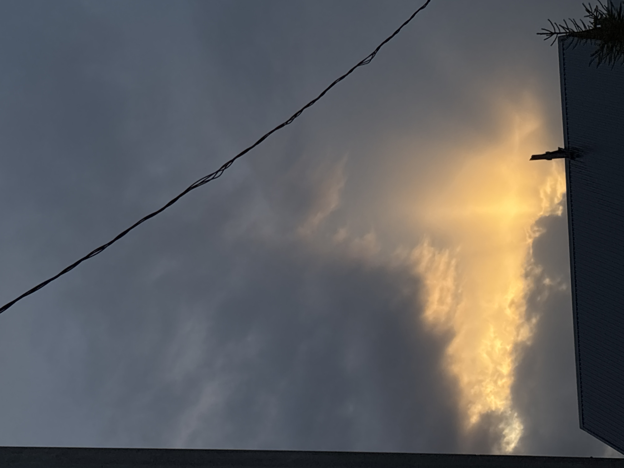 The image captures a dramatic sky scene, likely at sunrise or sunset, over Фоки, Russia. Dark, heavy grey clouds dominate the left and upper portions of the frame, contrasting sharply with a vibrant section of golden-yellow clouds on the right, which appear to be illuminated by the sun breaking through. Rays of light are visible emanating from the golden cloud formation. A thin, dark power line stretches diagonally across the sky from the upper left to the lower right. On the far right, the dark silhouette of a building's roofline and side is visible, with a small cluster of evergreen foliage, possibly from a conifer tree, peeking over its edge at the top right. There is no discernible activity or visible text in the image.