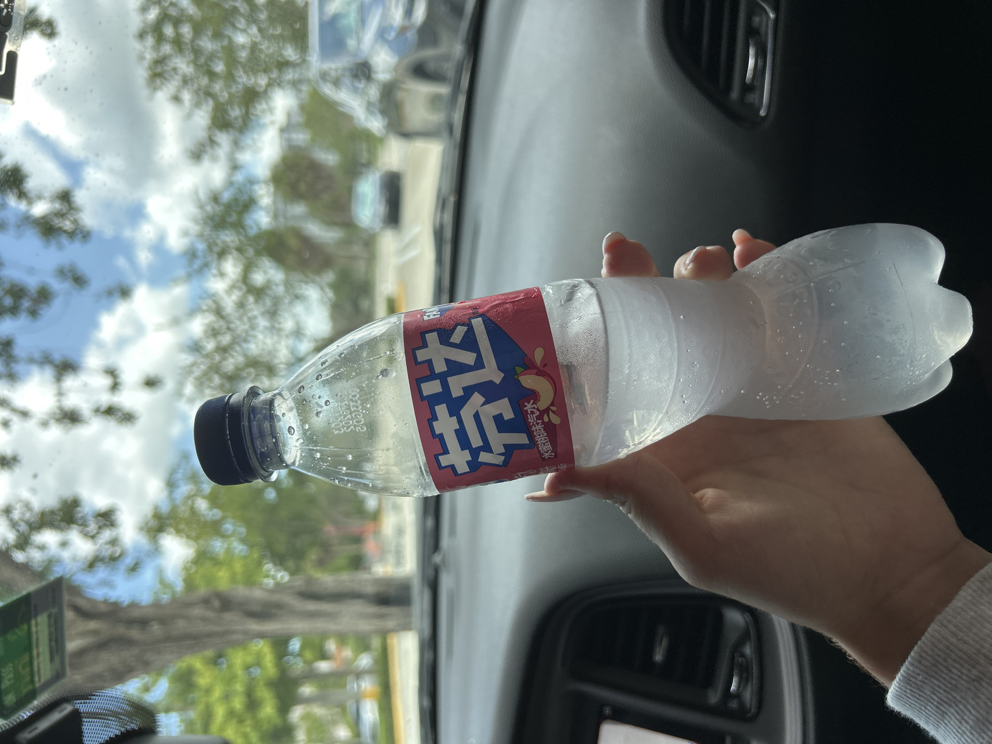 A person's hand holds a clear plastic bottle of sparkling water inside a car. The bottle has a red and white label with Asian characters and an image of a peach. The car's interior is visible, including the dashboard and part of the windshield. Outside the car, trees, buildings, and other vehicles are visible through the windshield. The scene appears to be in Plantation, Florida, given the foliage and typical architecture. The image is taken from inside the car, looking forward. The lighting suggests it is daytime, with a partly cloudy sky.