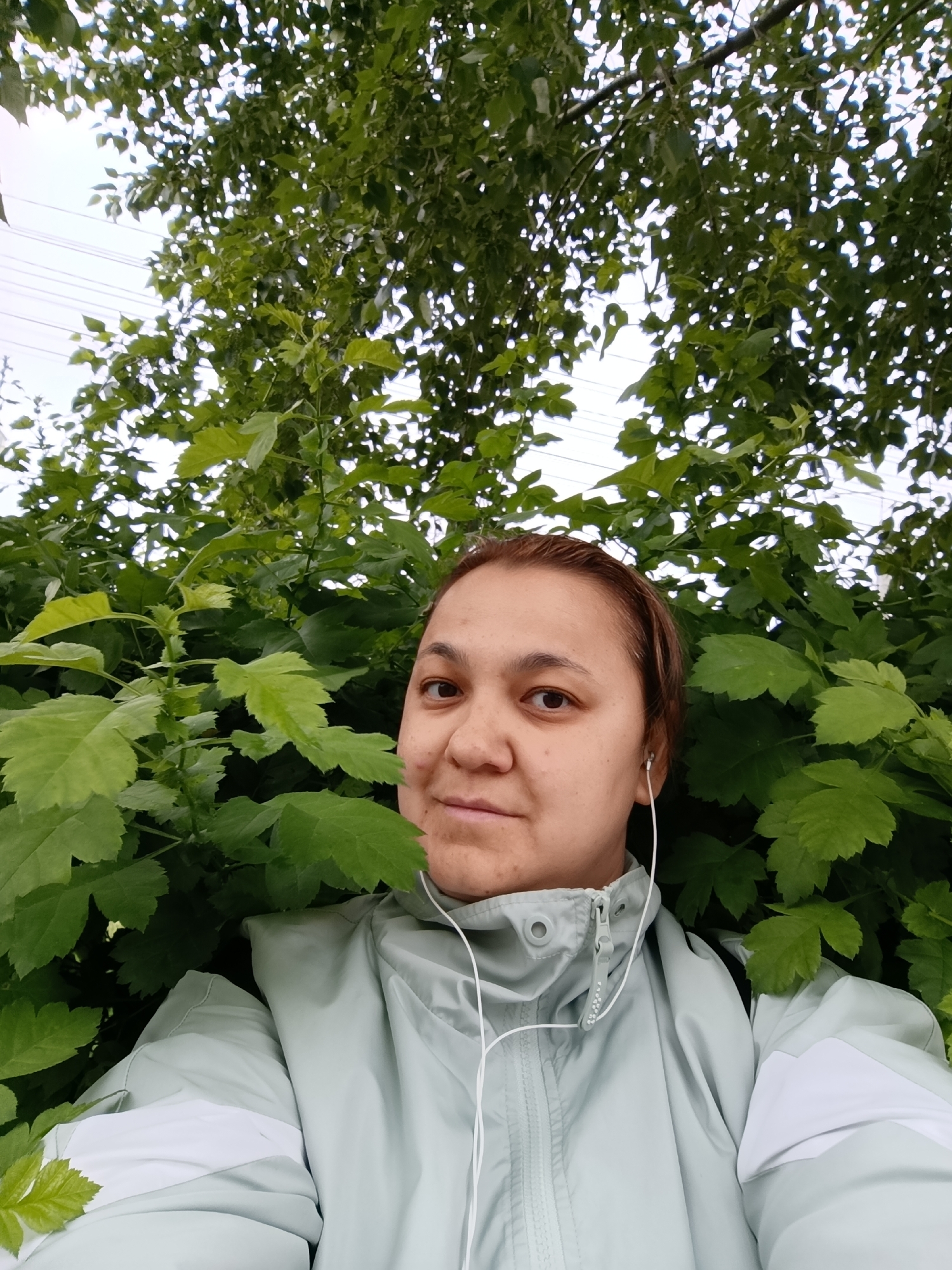The image is a selfie of a person with medium-brown hair wearing a light blue or green jacket with white accents and white earbuds. The person is positioned in front of dense green foliage, possibly a bush or small trees, with branches and leaves surrounding them. Overhead, more green foliage is visible, suggesting the person is under a tree or in a heavily vegetated area. In the upper portion of the image, there are electrical wires against a light sky. Given the location is Chaikovsky, Russia, the vegetation is likely of a type common to that climate. There are no other people visible in the frame. The person is looking directly at the camera with a neutral expression.